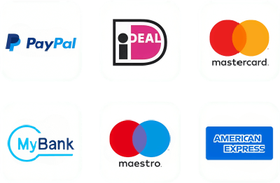 Rutnät med sex betalningslogotyper i rundade vita rutor: PayPal, iDEAL, Mastercard, MyBank, Maestro och American Express.