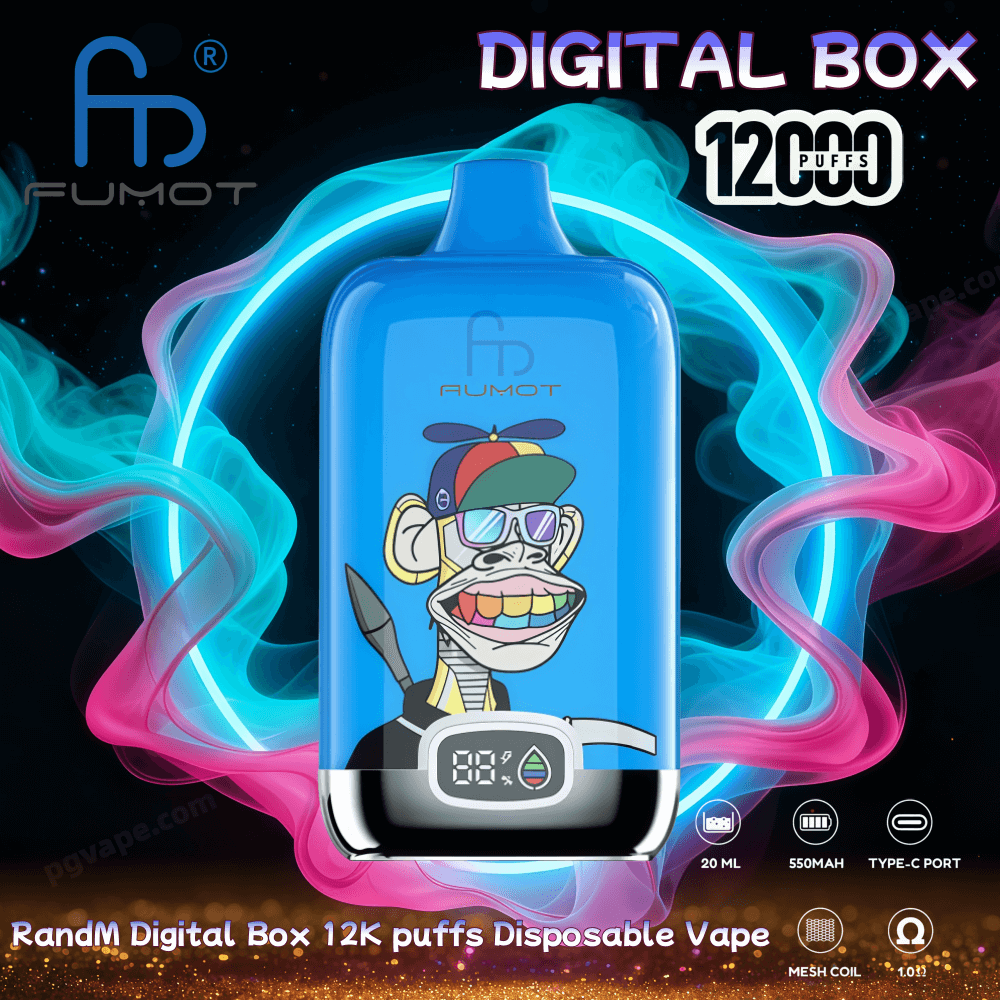 Bright blue disposable vape device labeled AUMOT featuring a colorful cartoon ape with sunglasses and a propeller hat, a digital puff-count display on the front, surrounded by teal and pink neon vapor rings and text advertising Digital Box 12,000 puffs.