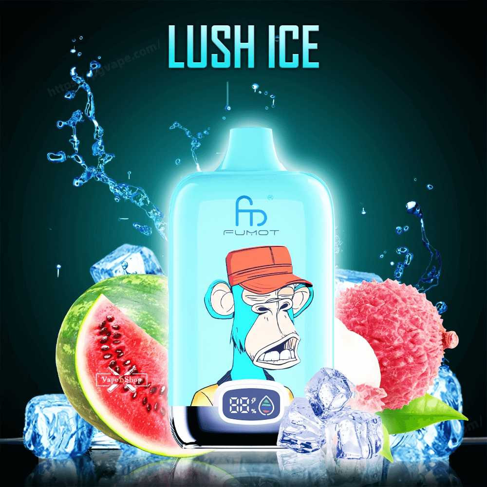 Bright teal vape device labeled Fumot with a stylized bored-ape illustration and digital battery readout, centered against splashing water and ice cubes with a sliced watermelon and lychee nearby and the title LUSH ICE above.