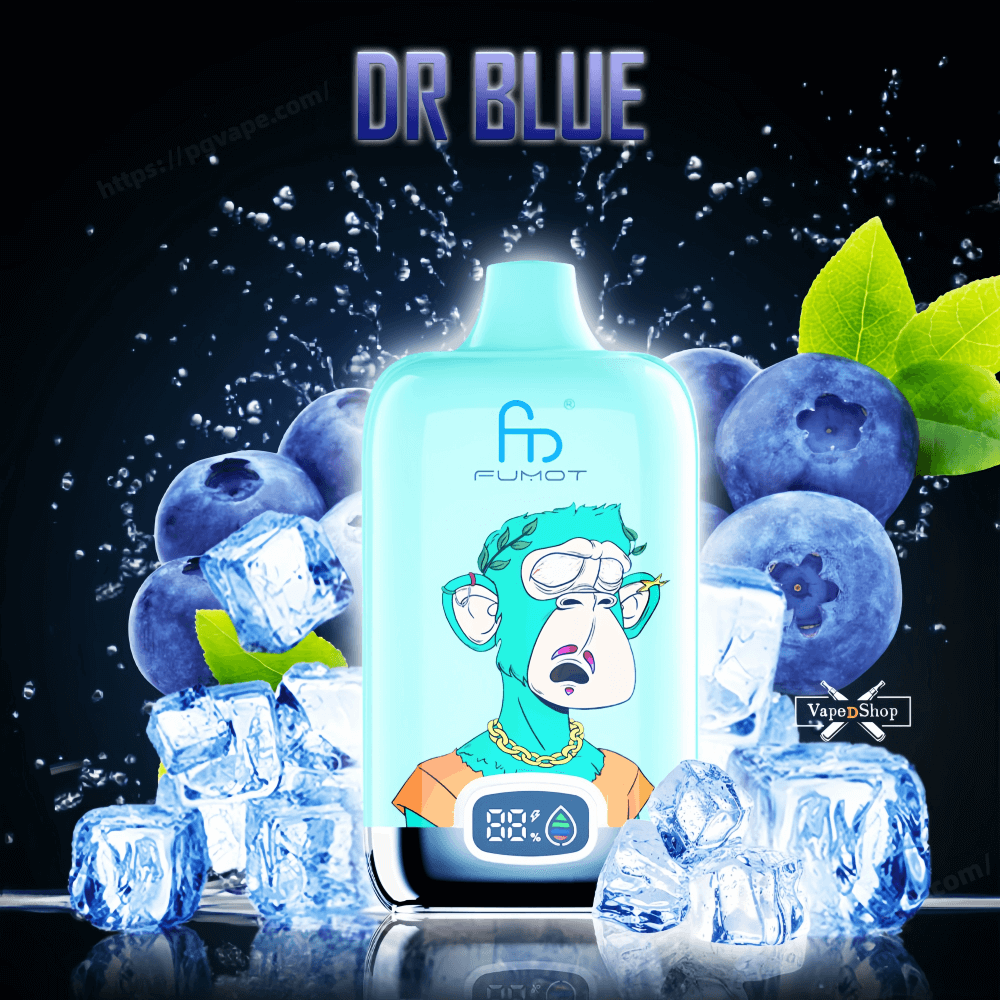 Light-blue Fumot 'Dr Blue' disposable vape device with a cartoon turquoise monkey on its front, centered amid splashing ice cubes, blueberries and green leaves, a digital battery display at the base and the title 'DR BLUE' across the top.