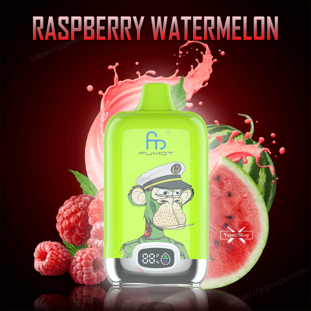 Bright lime-green disposable vape device with a cartoon sailor-ape illustration and small digital display centered against a dark red background of splashing pink juice, fresh raspberries and a watermelon slice, with a bold 'RASPBERRY WATERMELON' headline above.