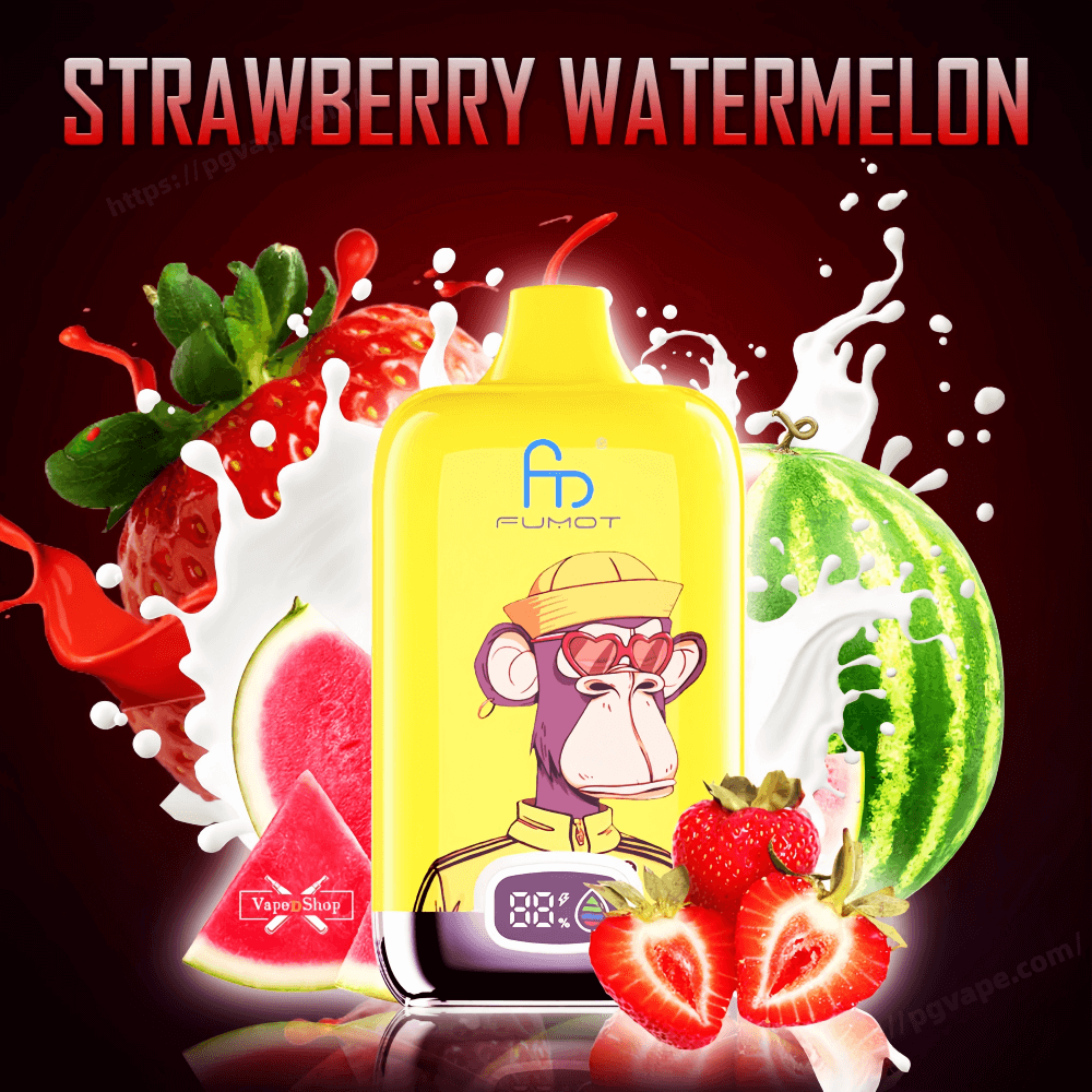 Bright yellow Fumot vape device featuring a cartoon ape with heart-shaped glasses and a hat, set among sliced watermelon, strawberries and white splash effects beneath the bold 'STRAWBERRY WATERMELON' headline.