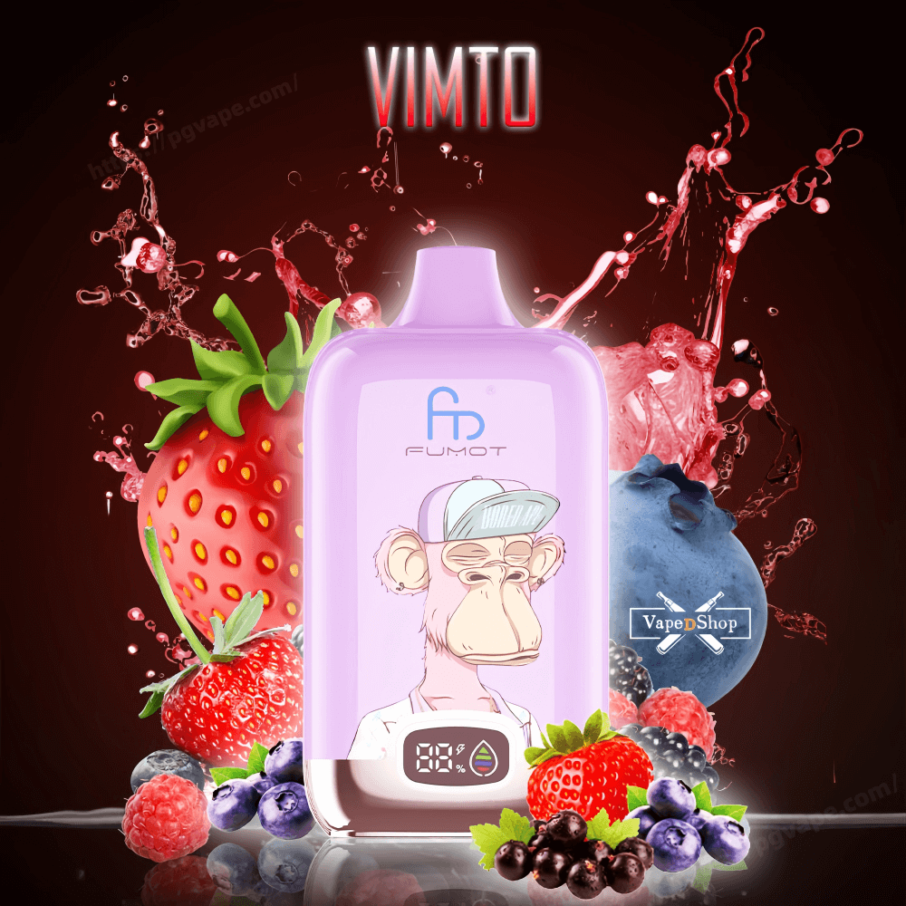 Pink-purple Fumot disposable vape device featuring a cartoon ape wearing a cap and a digital battery display, surrounded by strawberries, blueberries, raspberries and blackcurrants with red liquid splashes and the word VIMTO above.