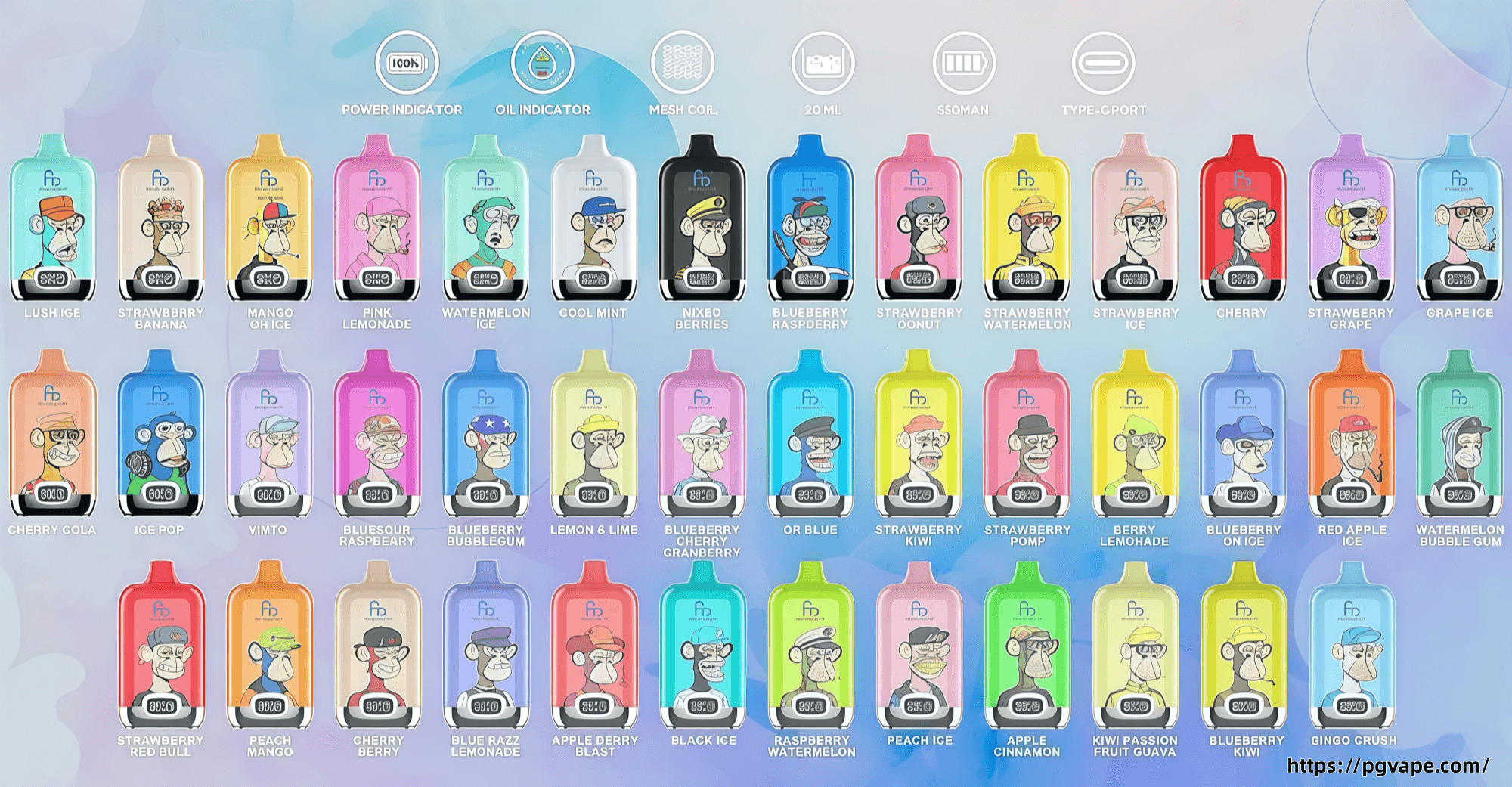 A grid of brightly colored disposable vape pods on a soft pastel backdrop, each pod showing a stylized cartoon ape portrait and printed flavor names like Lush Ice, Strawberry Banana, Blueberry Raspberry, Cherry Cola and Peach Mango.