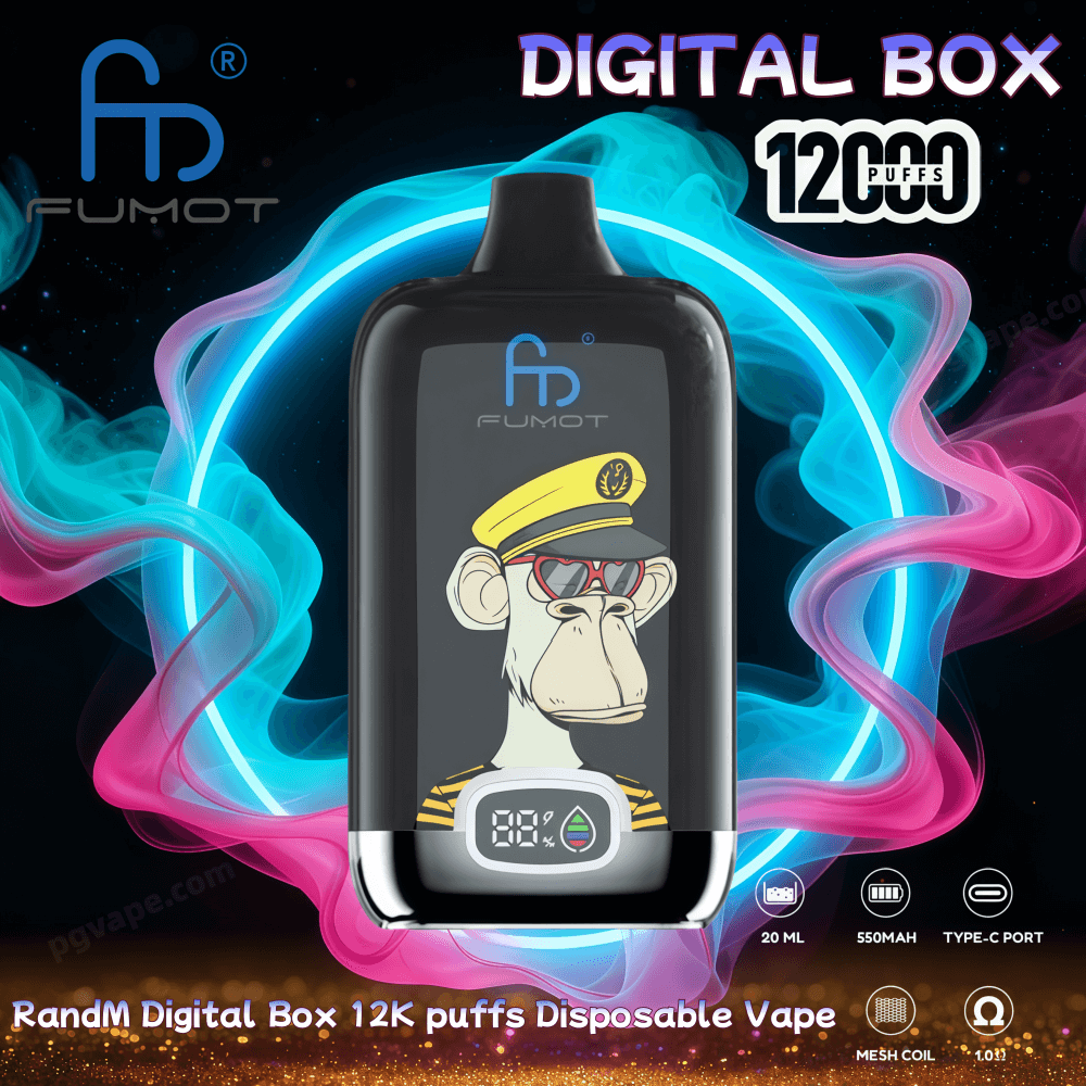 Black Fumot 'Digital Box' disposable vape with a sailor-cap monkey graphic and front LED display, shown against neon blue and pink smoke rings with text noting 12,000 puffs.