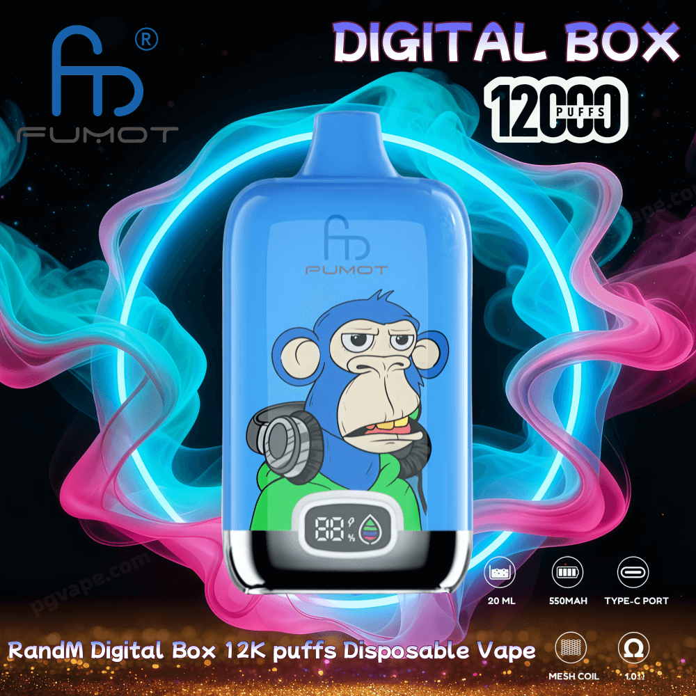 Blue Pumot “Digital Box” disposable vape featuring a bored-looking blue monkey in headphones and a green hoodie on the front, a small digital display at the base, and neon pink-and-blue smoke around it with “12,000 puffs” text.