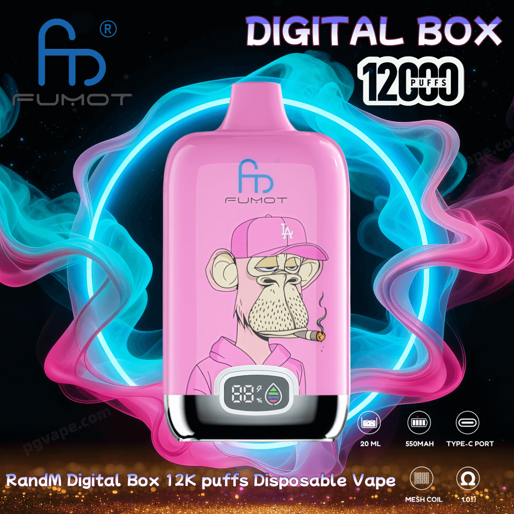Pink FUMOT disposable vape with a digital display featuring a cartoon bored ape wearing an LA cap and smoking, surrounded by swirling blue and pink neon smoke with 'DIGITAL BOX 12000 puffs' text and small icons for 20 ml, 550 mAh, Type‑C port and mesh coil.