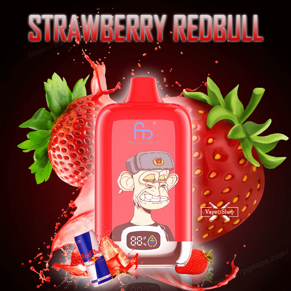 Red disposable vape device with a cartoon monkey wearing a fur hat printed on its front, centered among splashing strawberry juice, whole strawberries and a small Red Bull can, with the bold title STRAWBERRY REDBULL across the top against a dark background.