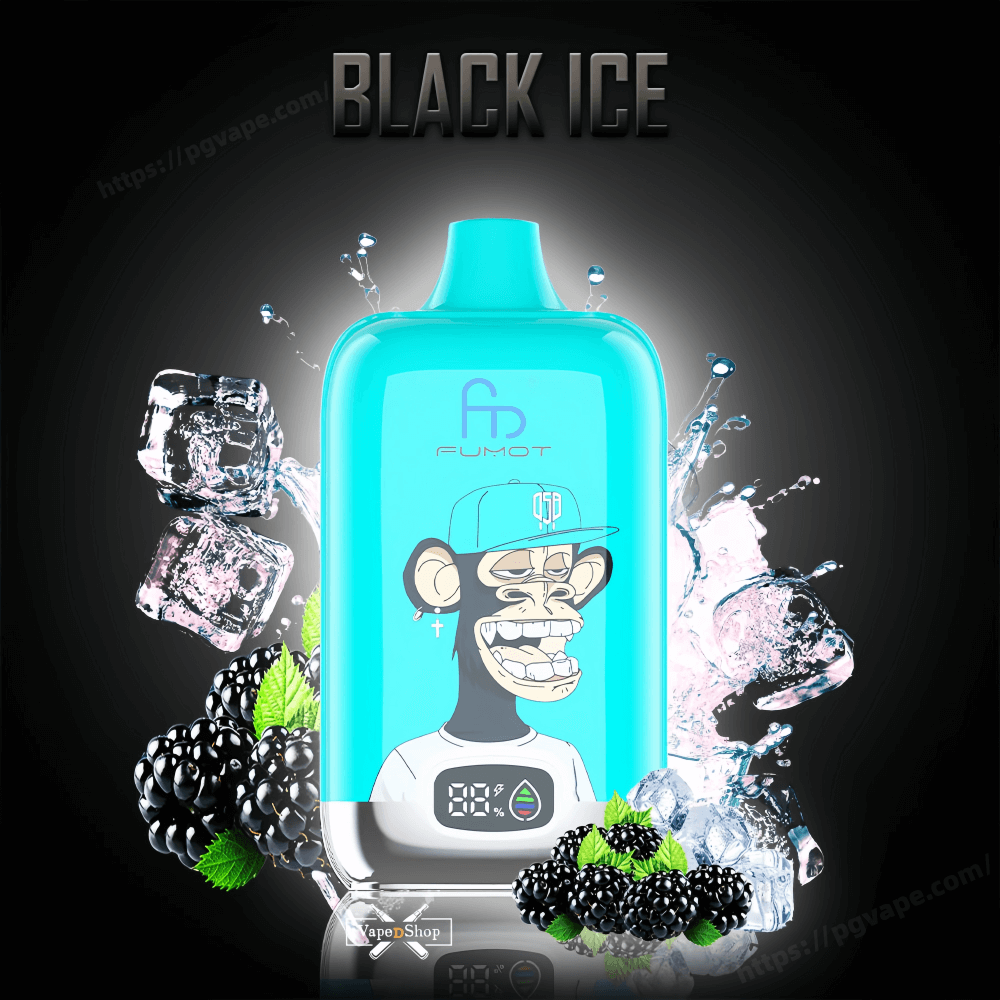 Turquoise rectangular vape device featuring a cartoon ape wearing a baseball cap and a digital battery indicator, set against a dark gradient background with the headline 'BLACK ICE', surrounded by splashing ice cubes, blackberries and mint leaves.