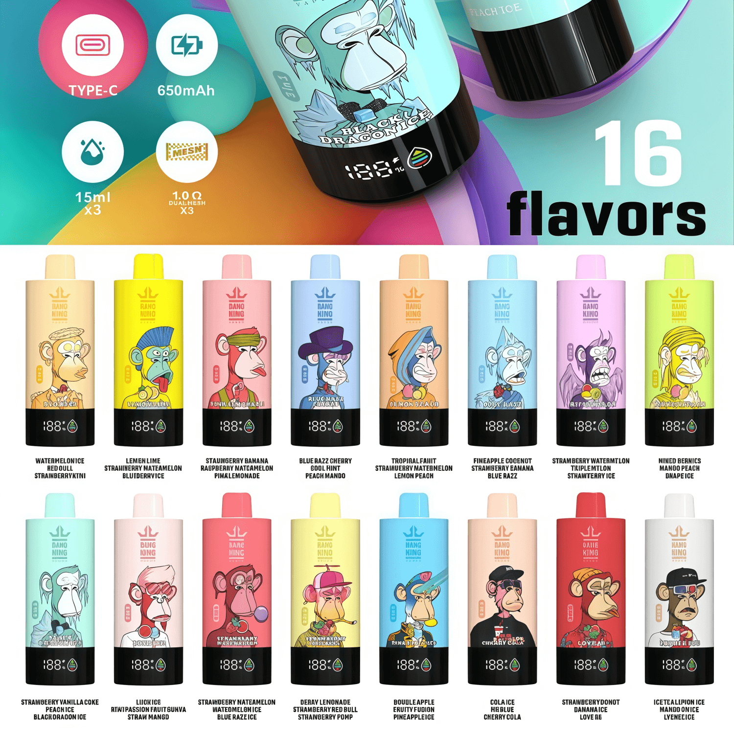 Advertisement showing 16 colorful disposable vape devices arranged in two rows, each featuring a unique cartoon monkey illustration and flavor label against a bright gradient background with product icons and a large "16 flavors" headline.