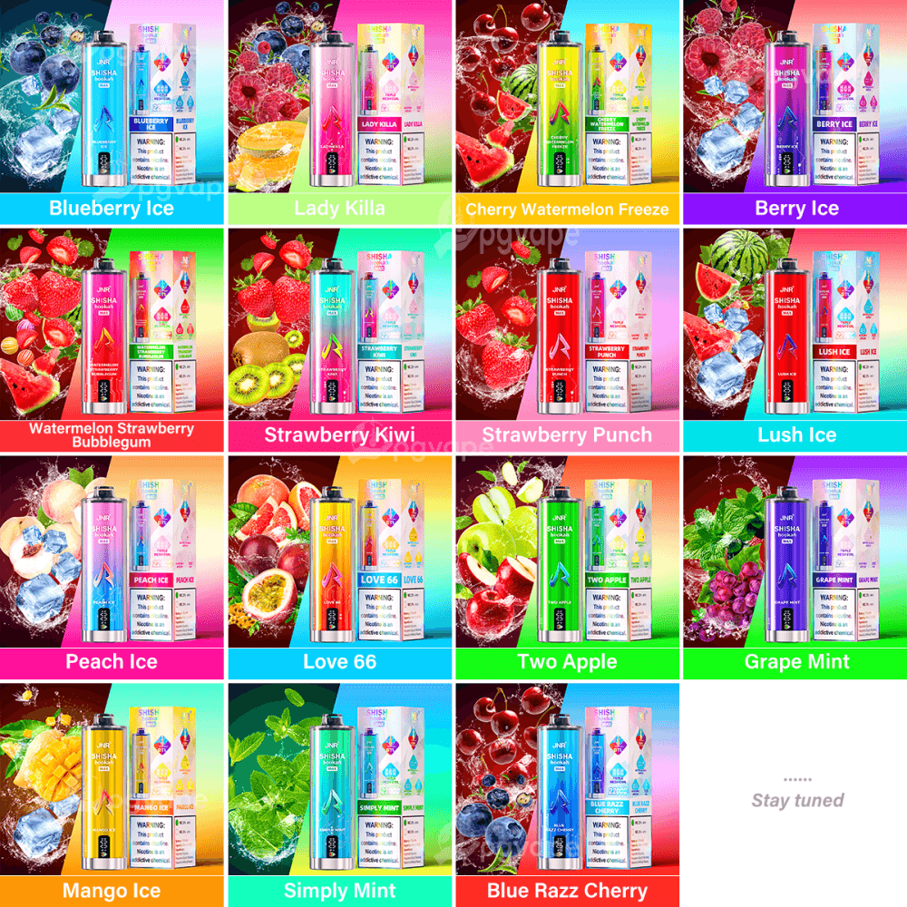 Colorful grid of 15 flavored disposable vape product ads, each tile showing a device and box with vivid fruit or mint imagery and flavor labels such as Blueberry Ice, Lady Killa, Cherry Watermelon Freeze, Berry Ice, Watermelon Strawberry Bubblegum, Strawberry Kiwi, Strawberry Punch, Lush Ice, Peach Ice, Love 66, Two Apple, Grape Mint, Mango Ice, Simply Mint, and Blue Razz Cherry.