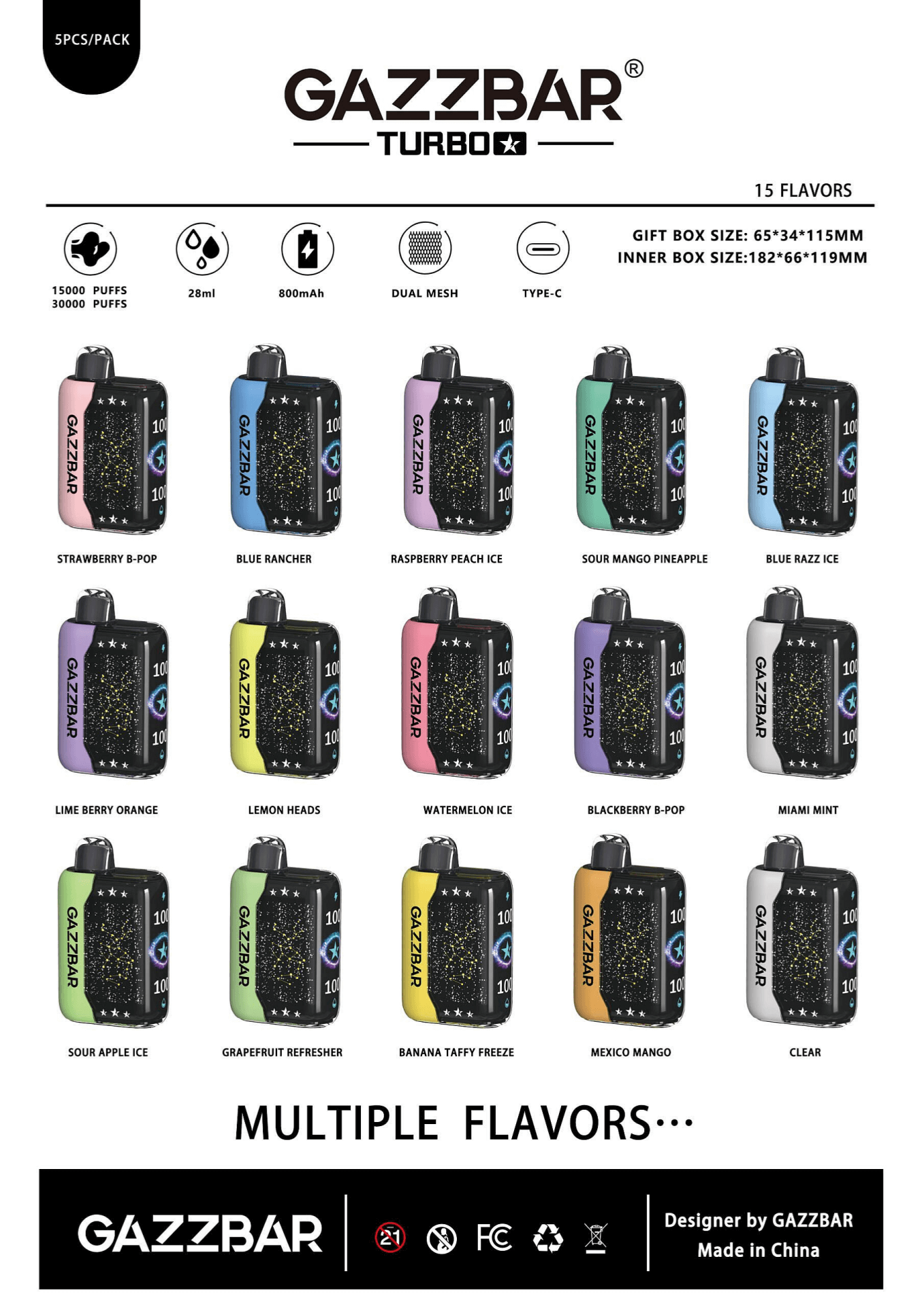 Promotional poster for GAZZBAR Turbo disposable vapes displaying 15 color-coded devices labeled with flavor names, specification icons for puffs, 28ml e-liquid, 800mAh battery, dual mesh and Type‑C, packaging sizes, and the brand logo.