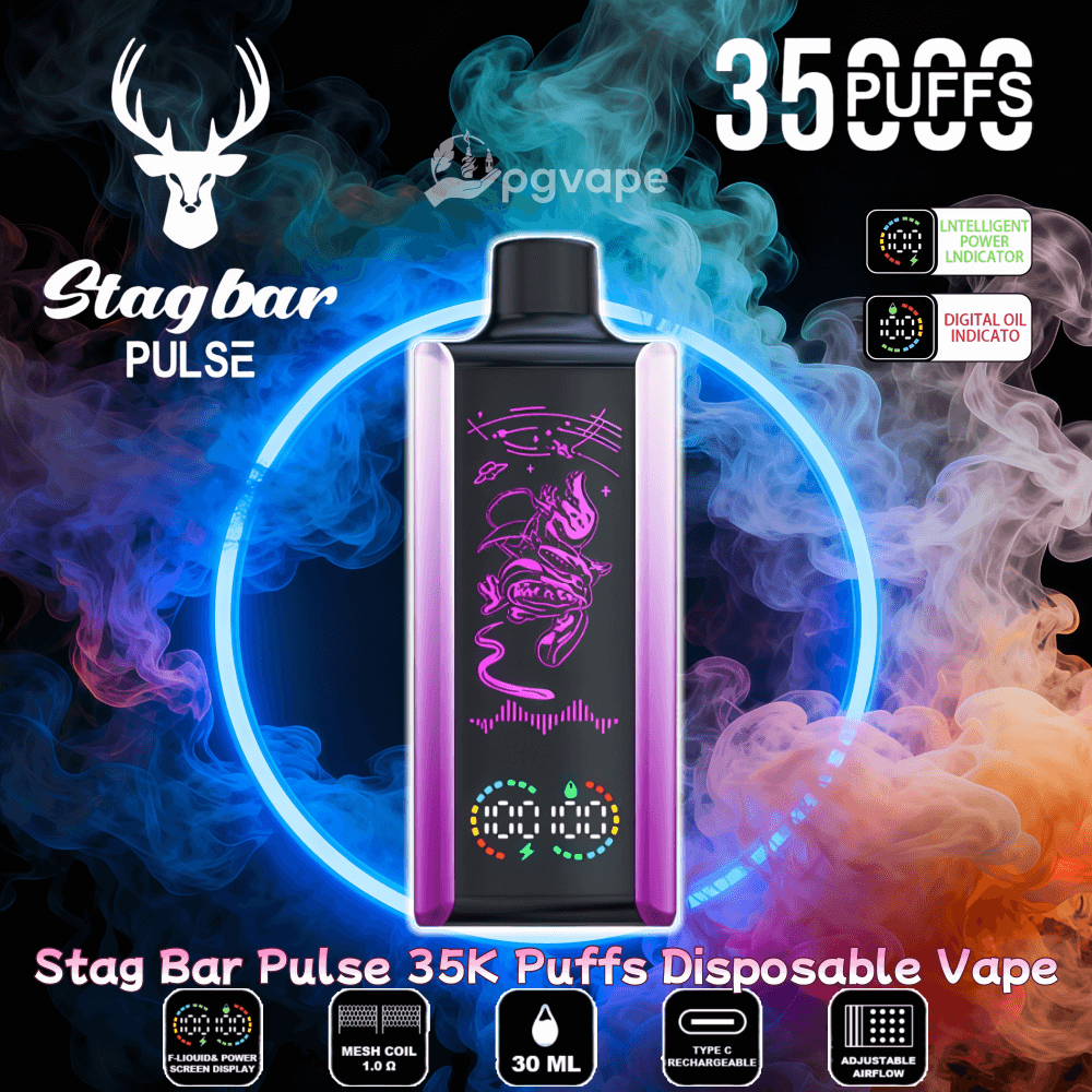 Dispositivo de vapeo desechable Stagbar Pulse de color morado con un gráfico de dragón estilizado y una pantalla digital centrada contra un remolino de vapor azul y naranja y un anillo de neón, con un logotipo de ciervo y 'Stagbar Pulse' en la parte superior izquierda, '35,000 inhalaciones' en la parte superior derecha e íconos de características del producto en la parte inferior.