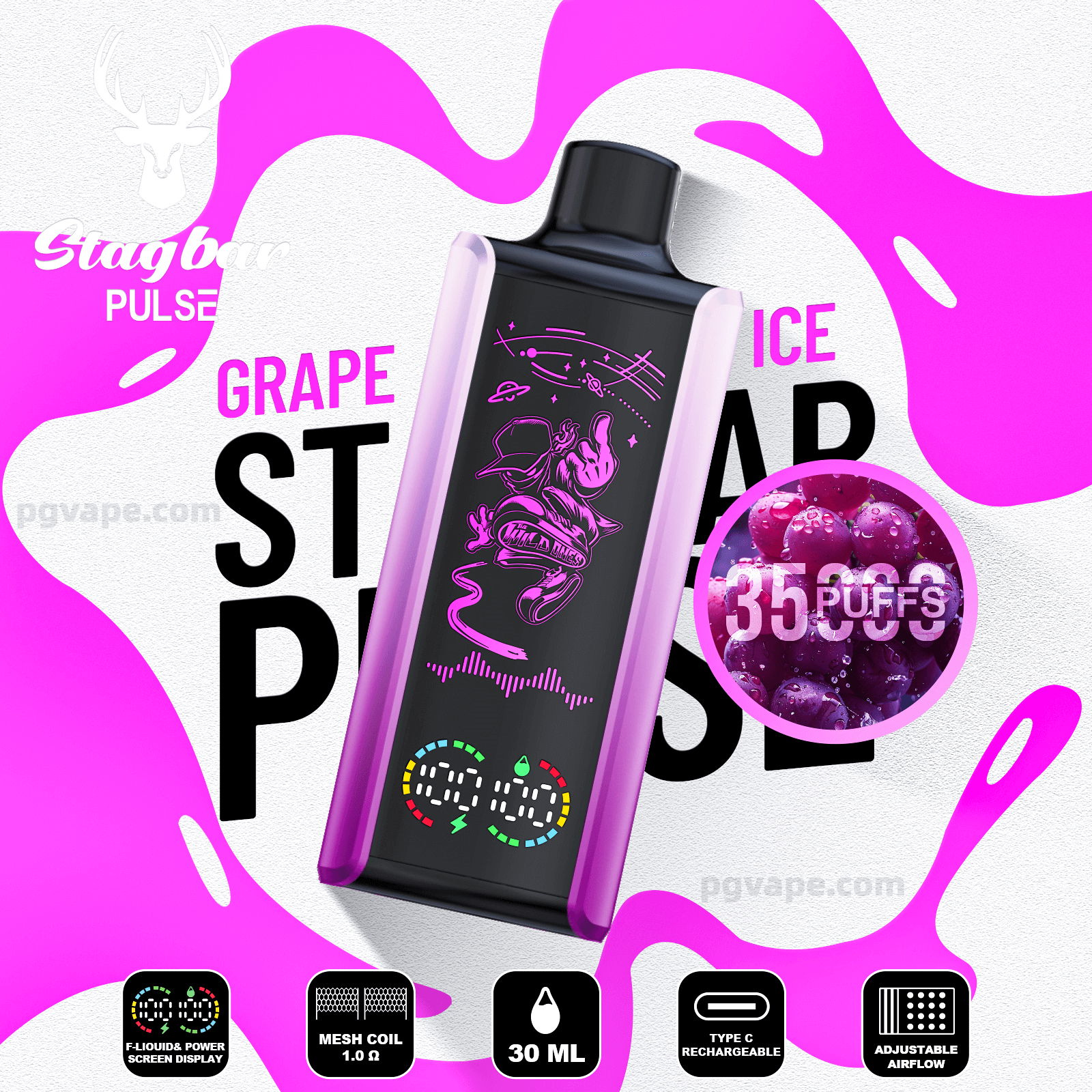 Dispositivo de vapeo Stagbar Pulse de color morado y negro con sabor a uva, con un gráfico de astronauta de color morado neón, inserción circular de uvas con la etiqueta “35 PUFFS” e íconos que muestran una capacidad de 30 ml, una bobina de malla de 1.0 Ω, recargabilidad tipo C y una pantalla de encendido a color.