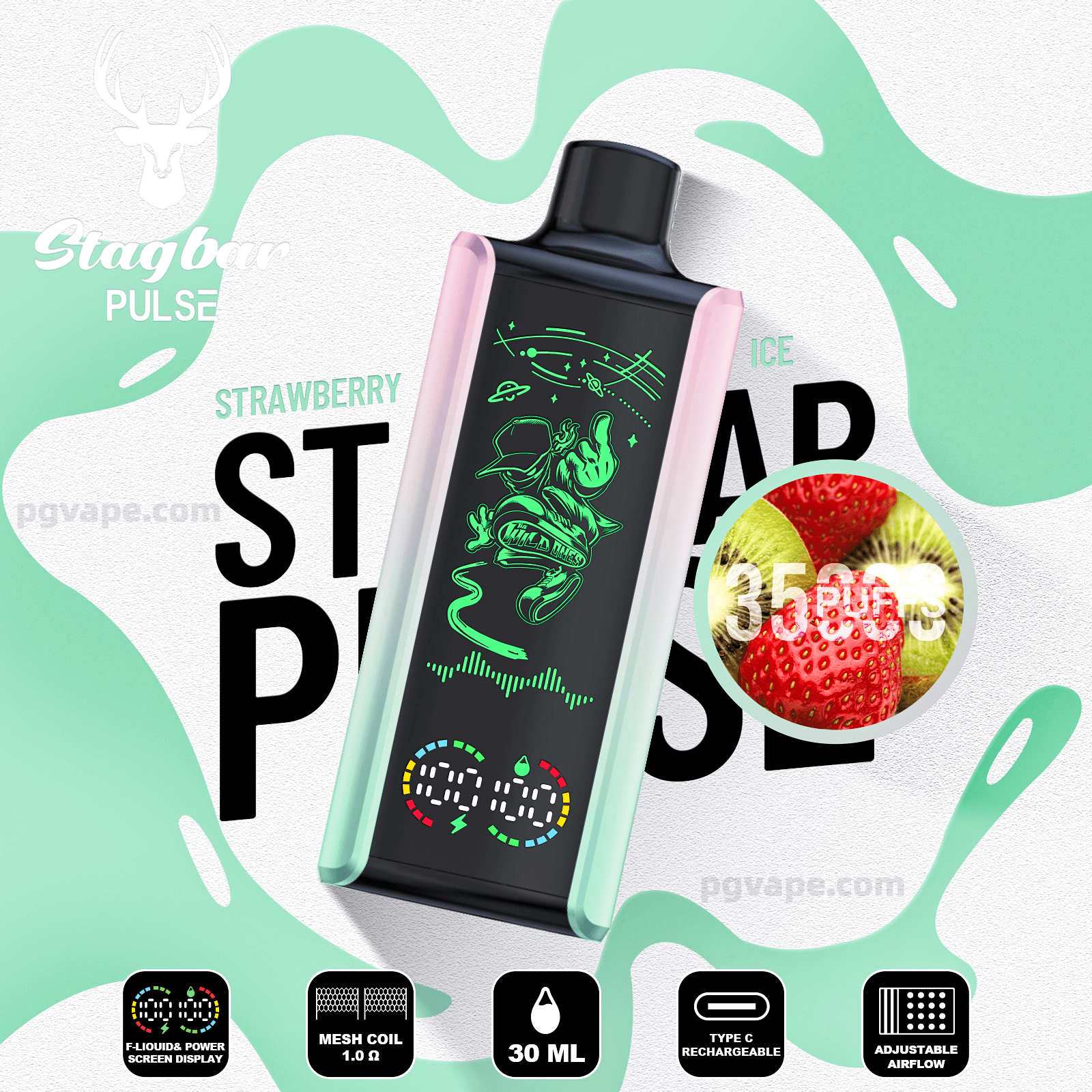 Dispositivo de vapeo Stagbar Pulse en color menta y rosa con un gráfico de astronauta verde neón centrado en un fondo promocional salpicado de menta, acompañado de un primer plano circular de fresas y kiwi e íconos que indican una capacidad de 30 ml, bobina de malla, recarga tipo C y configuraciones ajustables.