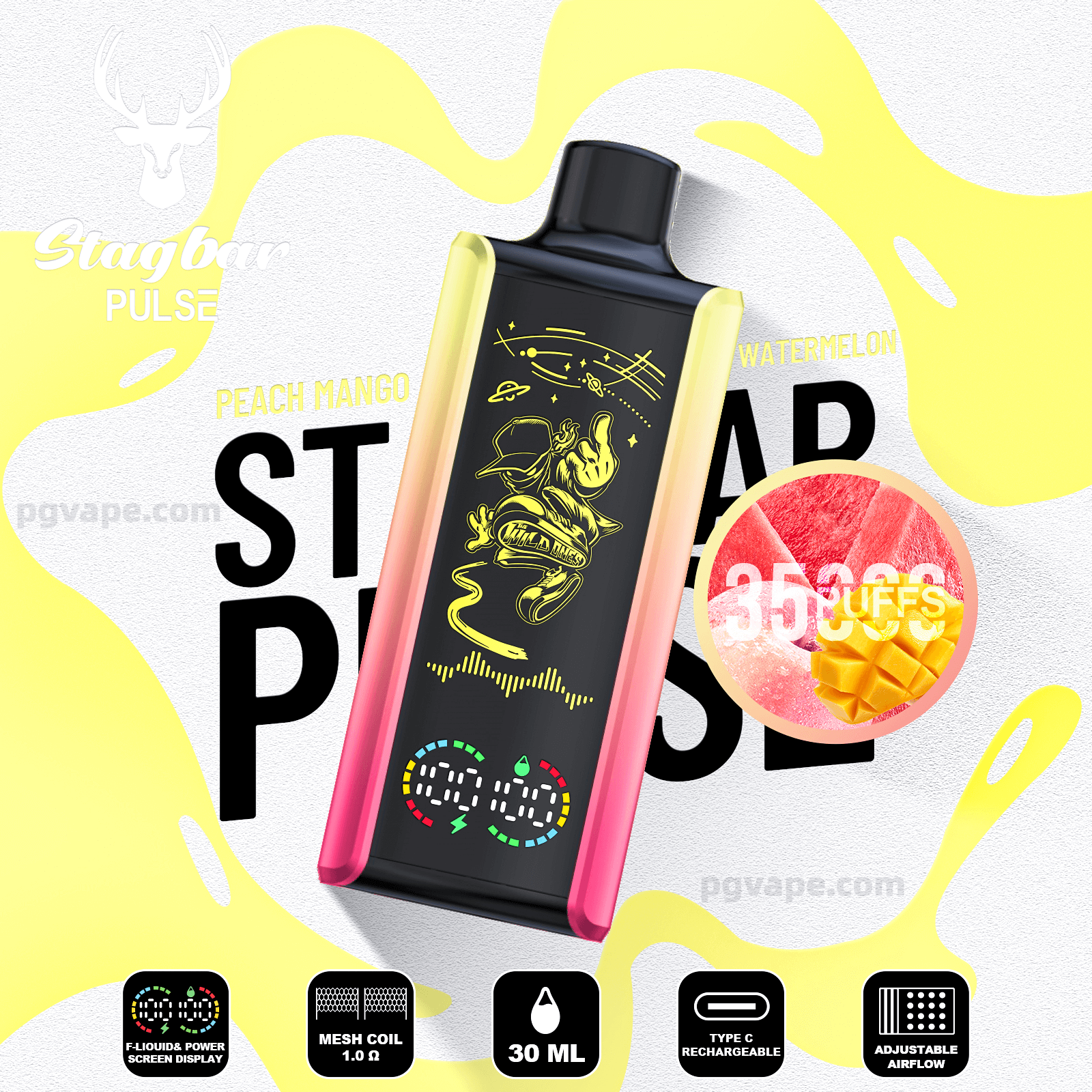 Vaporizador Stagbar Pulse rectangular en negro con paneles laterales de amarillo a rosa, un gráfico de astronauta en amarillo neón y una pantalla de alimentación LED, sobre un fondo promocional que nombra sabores de melocotón, mango y sandía con una insignia circular "3500 puffs" que muestra imágenes de frutas e íconos para la bobina de malla, capacidad de 30 ml y recarga USB-C.
