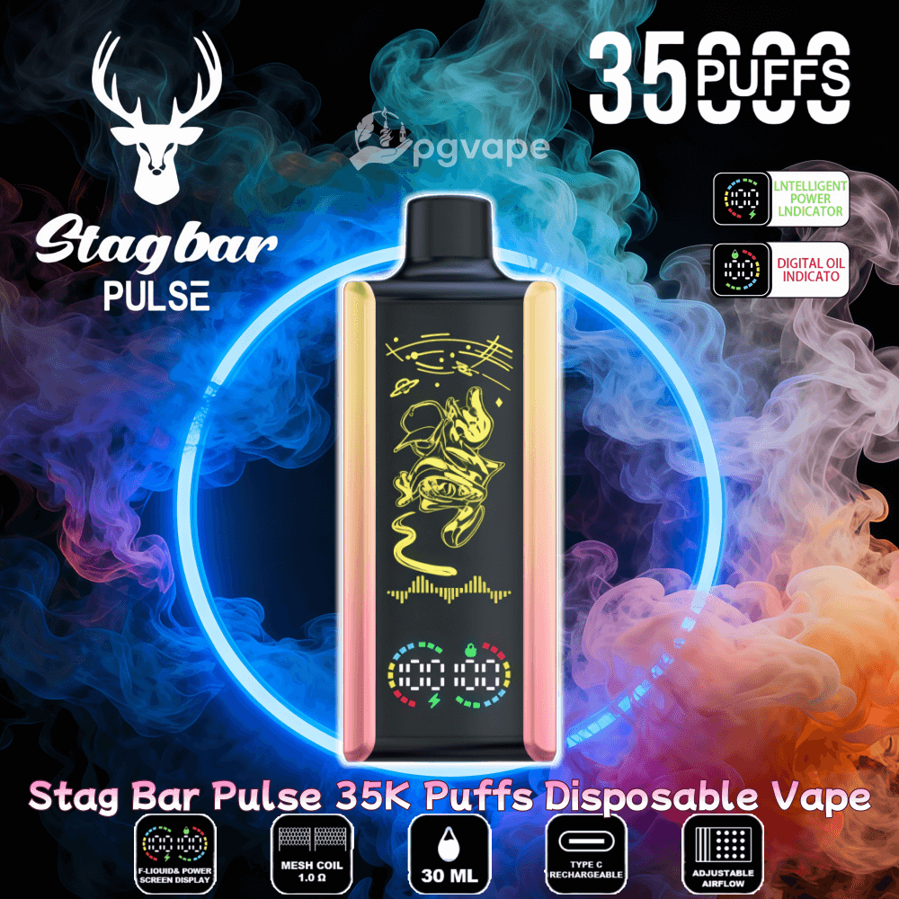Anuncio de vaporizador desechable Stag Bar Pulse que presenta un dispositivo rectangular metálico central con una pantalla negra que muestra un gráfico de astronauta amarillo e indicadores digitales, ubicado dentro de un anillo azul neón en medio de un remolino de humo azul y naranja, con texto que dice 35,000 inhalaciones e íconos para indicador de energía inteligente, indicador de aceite digital, capacidad de 30 ml, bobina de malla y carga tipo C.