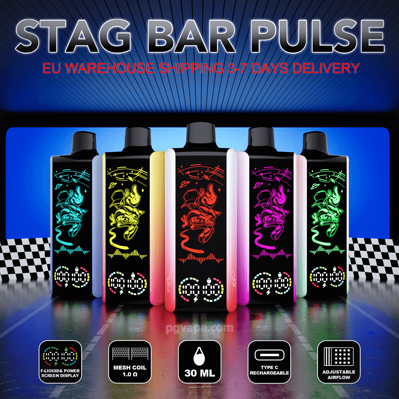 Imagen promocional que presenta cinco dispositivos de vapeo Stag Bar Pulse con paneles laterales degradados brillantes y paneles frontales negros decorados con ilustraciones de ciervos de neón, reflejados en un piso brillante debajo del texto grande STAG BAR PULSE y un cartel que dice "Envío al almacén de la UE, entrega de 3 a 7 días", sobre un fondo azul estilo pista de carreras con iconos debajo que indican 30 ml de e-líquido, bobina de malla de 1,0 Ω, recargabilidad USB-C y flujo de aire ajustable.