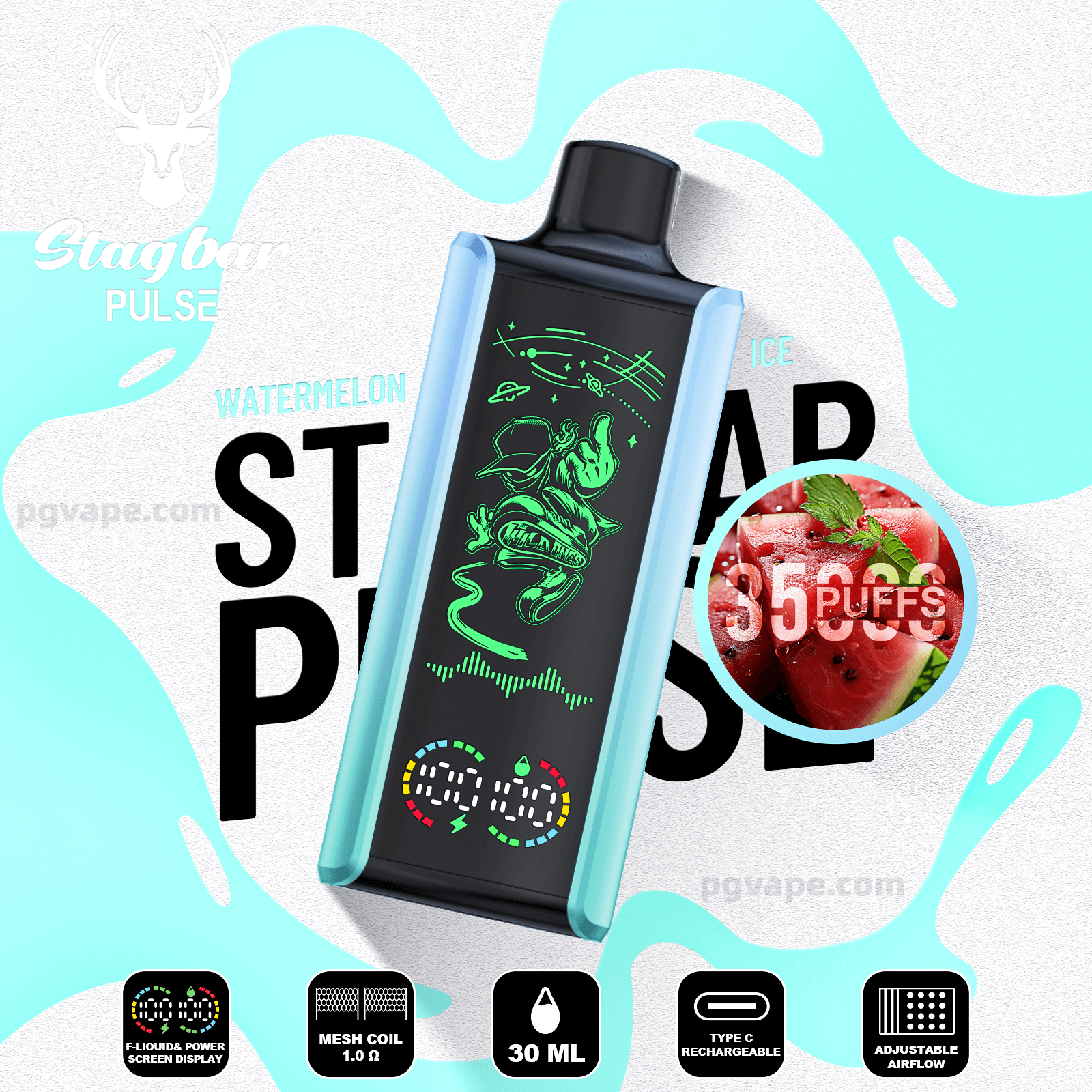 Un dispositivo de vapeo Stagbar Pulse negro con marco turquesa, un personaje con temática espacial de color verde neón en su pantalla y texto con sabor a 'Watermelon Ice', sobre un fondo de textura clara con gráficos de salpicaduras de agua e íconos que indican una bobina de malla, capacidad de 30 ml, recarga tipo C y flujo de aire ajustable.