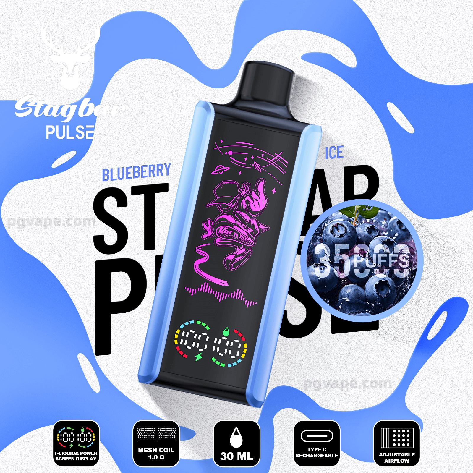 Dispositivo de vapeo Stagbar Pulse azul y negro con una pantalla LED colorida y un gráfico de astronauta morado, colocado sobre un fondo azul con una insignia de arándano que dice 3500 inhalaciones e íconos de funciones para 30 ml, bobina de malla, recarga tipo C y flujo de aire ajustable