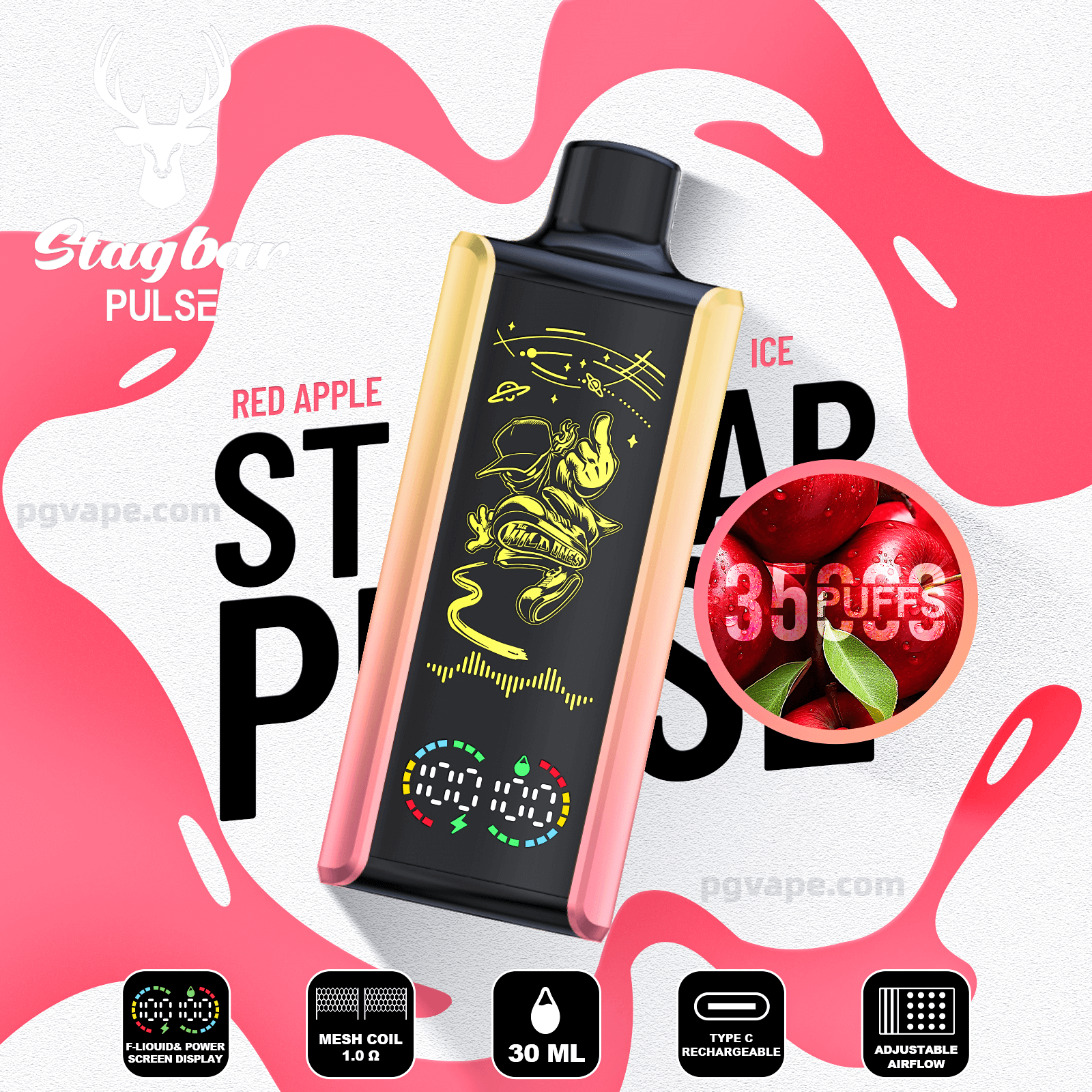Elegante dispositivo de vapeo rectangular con bordes dorados rosas y una pantalla frontal negra que muestra un gráfico de skater amarillo y contadores digitales, colocado sobre un fondo rosado con un inserto circular de manzanas rojas brillantes con la etiqueta 35 PUFFS y el texto que indica el sabor Red Apple Ice.
