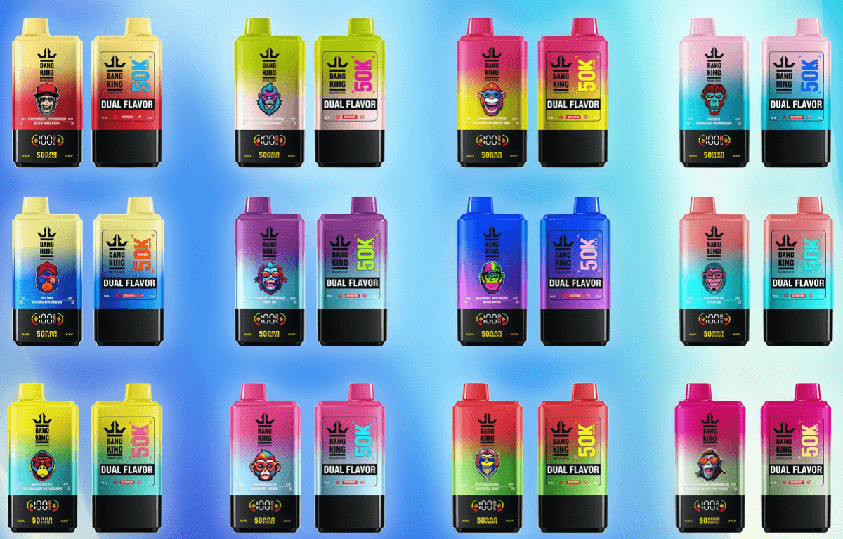 Grid of colorful rectangular disposable vape devices arranged in rows, each with a bright gradient top, black lower section, cartoon mascot icon and labels reading DANG KING, DUAL FLAVOR and 50K.