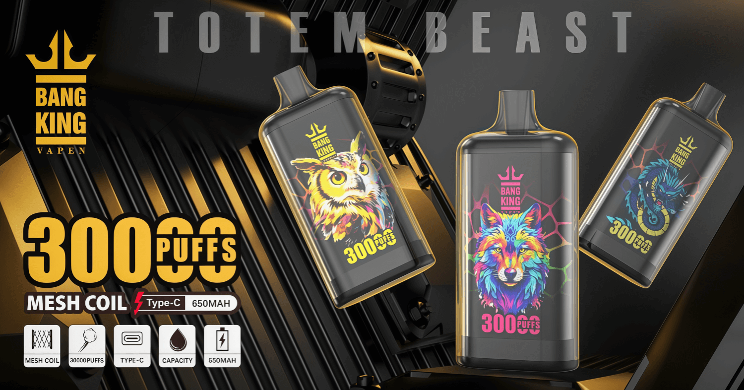 Three Bang King Totem Beast disposable vape devices with colorful animal illustrations (owl, wolf, dragon) shown against a black-and-gold background with large '300 PUFFS' text and icons indicating mesh coil, Type‑C charging, and 650mAh capacity.