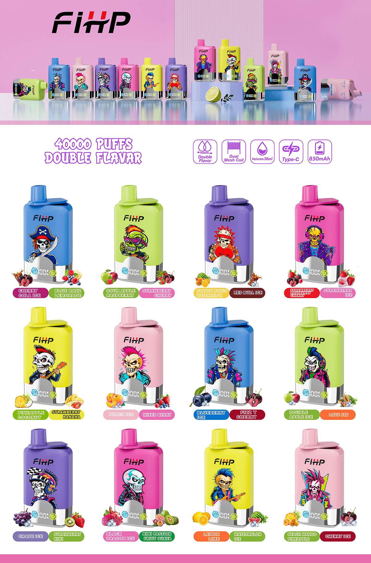 Display of colorful FiHP disposable vape devices in pastel rectangular bodies featuring cartoon character art and flavor names, arranged in rows beneath the FiHP logo and a '40000 puffs double flavor' headline with specification icons.