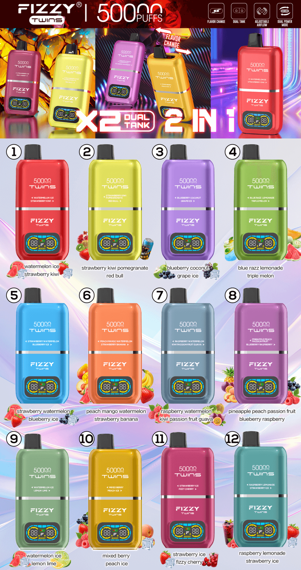 Poster displaying twelve numbered Fizzy Twins 5000-puff dual-tank vape devices in bright colors, each labeled with different flavor combinations and small fruit and ice icons, with a banner promoting X2 dual tank and flavor-change and adjustable airflow features.