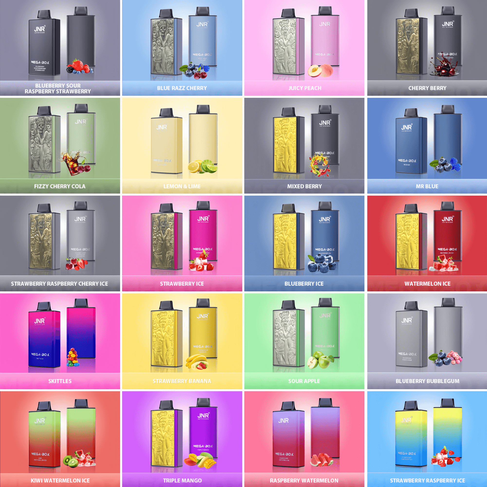 Grid of 25 colorful product panels showing JNR-branded disposable vape devices—each panel features two rectangular devices with embossed metallic panels against vivid backgrounds, flavor names and matching fruit or candy illustrations (e.g., blueberry, cherry, peach, lemon & lime, mixed berry, watermelon, Skittles, mango and more).