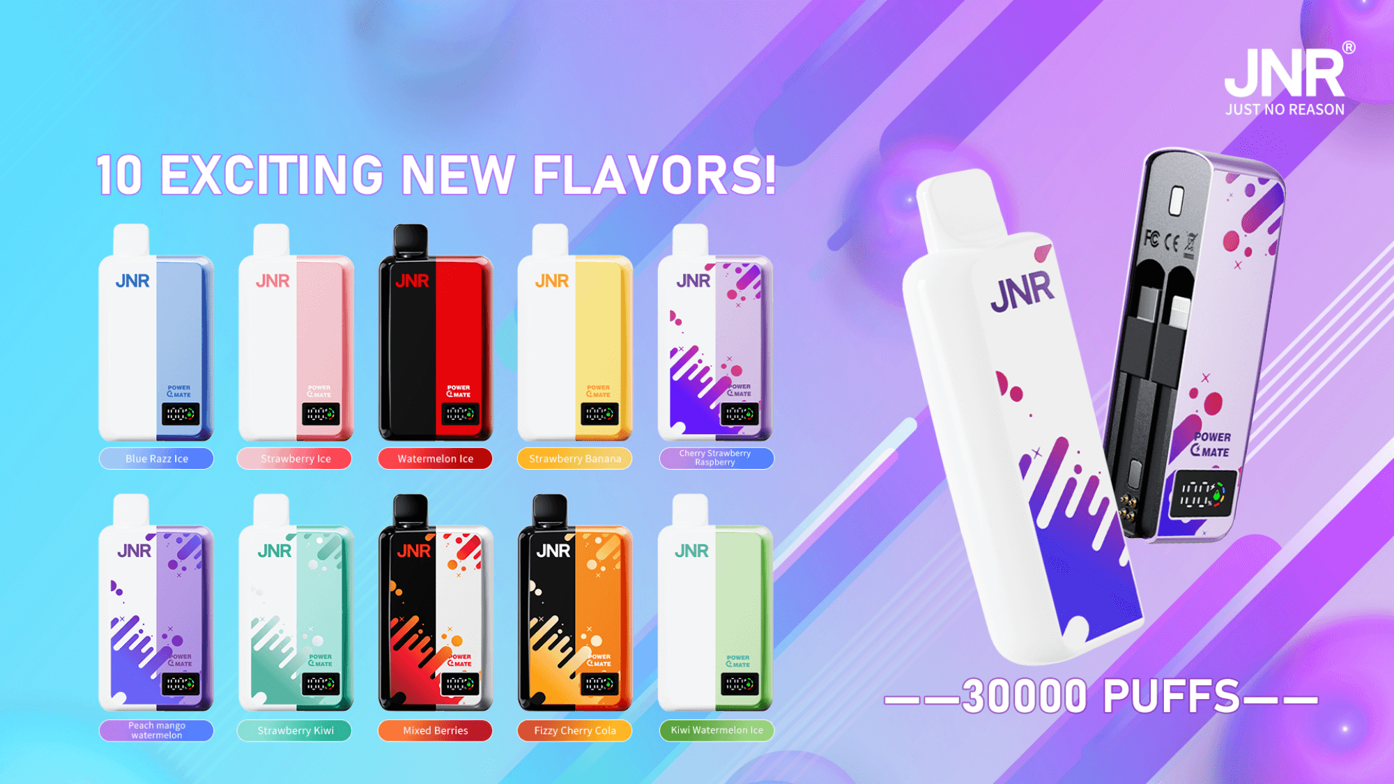 Colorful promotional banner for JNR showing ten small disposable vape devices and two large device renders on a purple-blue gradient background, labeled with flavor names and featuring the headlines “10 Exciting New Flavors” and “30,000 PUFFS”.