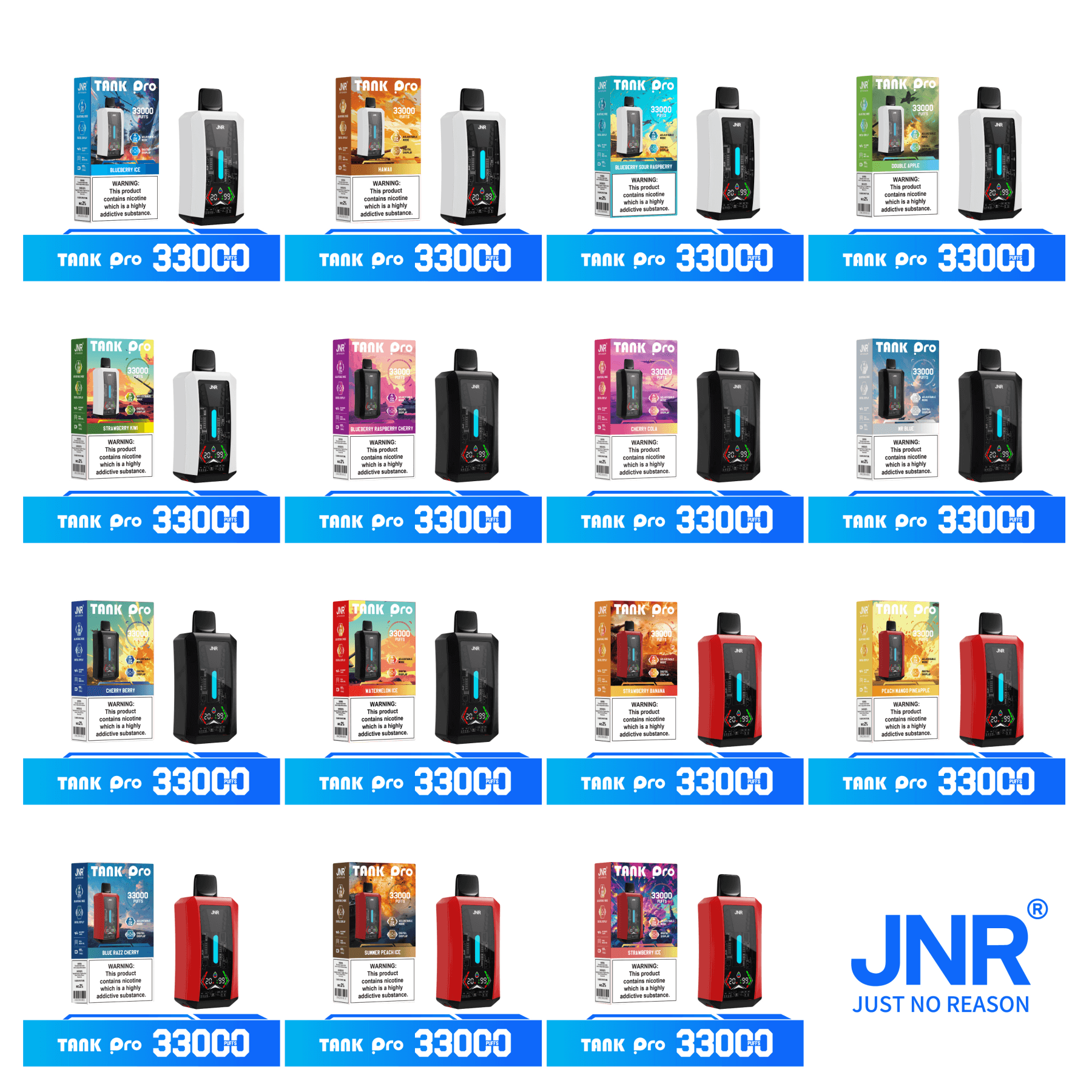 Grid of multiple TANK pro 33000 disposable vape devices and their colorful boxes arranged in rows on blue banners, with the JNR "Just No Reason" logo in the bottom-right corner.