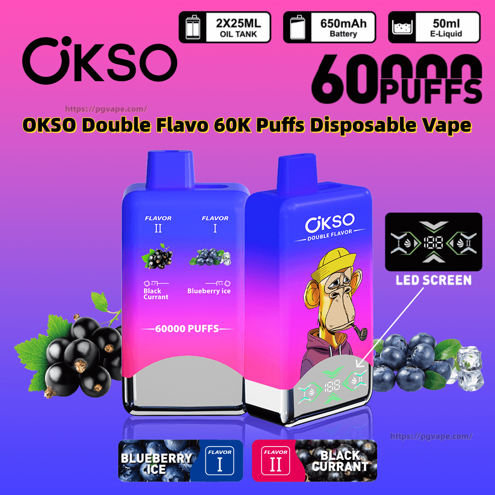 Dois vaporizadores descartáveis OKSO Double Flavo gradiente roxo-rosa com um macaco de desenho animado, tela de LED e painéis de sabores, anunciando 60.000 baforadas e sabores de gelo de mirtilo e groselha preta.