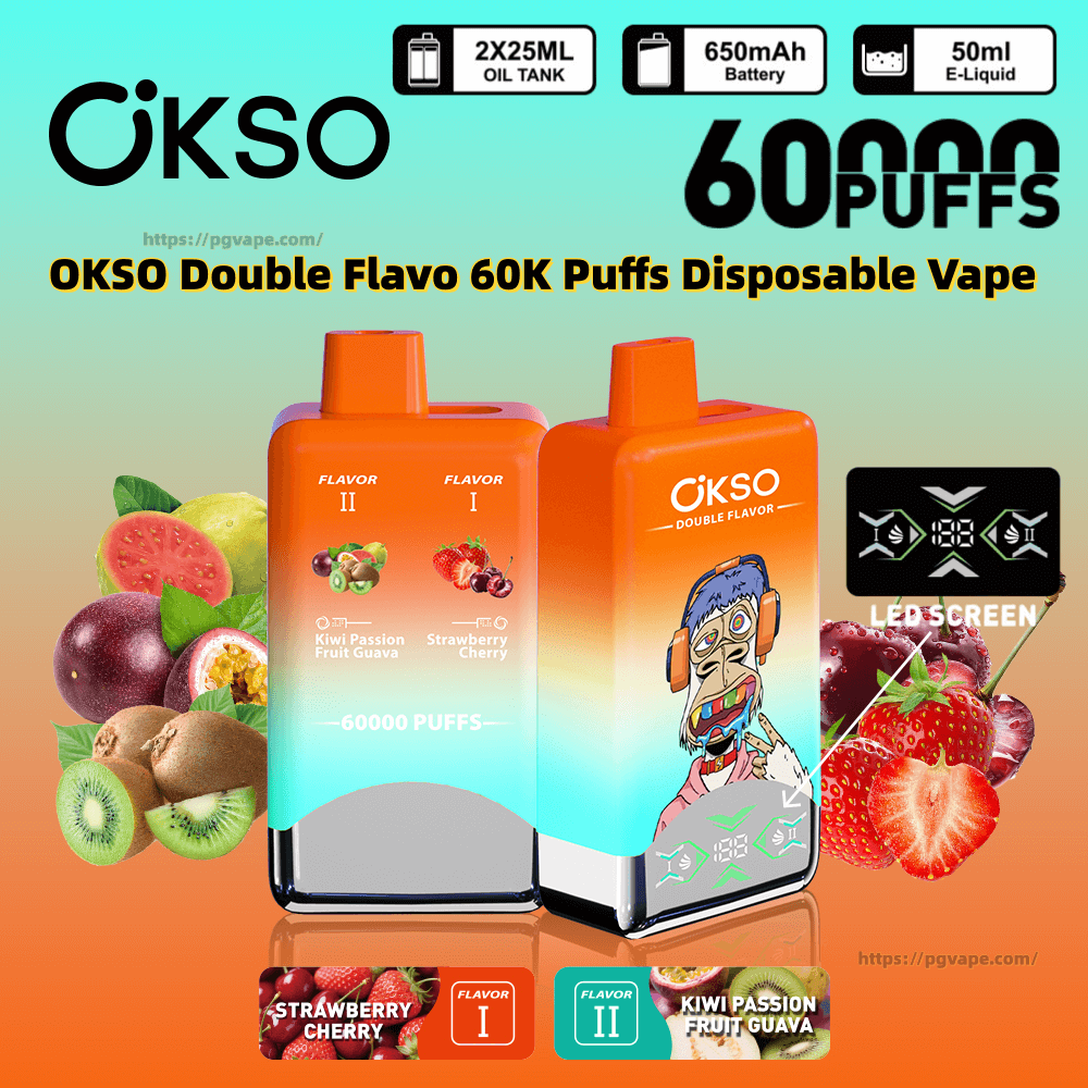 Anúncio de vape descartável OKSO Double Flavo em gradiente laranja brilhante mostrando dois dispositivos retangulares com uma tela de LED, rotulados para 60.000 baforadas e sabores duplos Morango Cereja e Kiwi Maracujá Goiaba, além de ícones para tanques de óleo de 2 × 25ml, bateria de 650mAh e e-líquido de 50ml e imagens de frutas variadas.