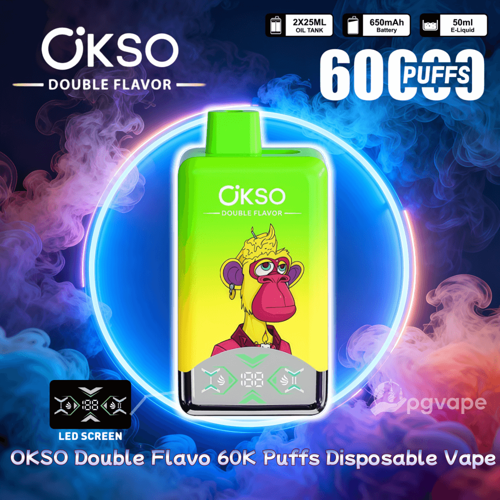 Vape descartável OKSO Double Flavor verde brilhante e amarelo com uma ilustração de um macaco de desenho animado centrada em um fundo de anel de néon, rotulado como 60.000 baforadas com ícones indicando tanque de óleo de 2x25ml, bateria de 650mAh e e-líquido de 50ml.