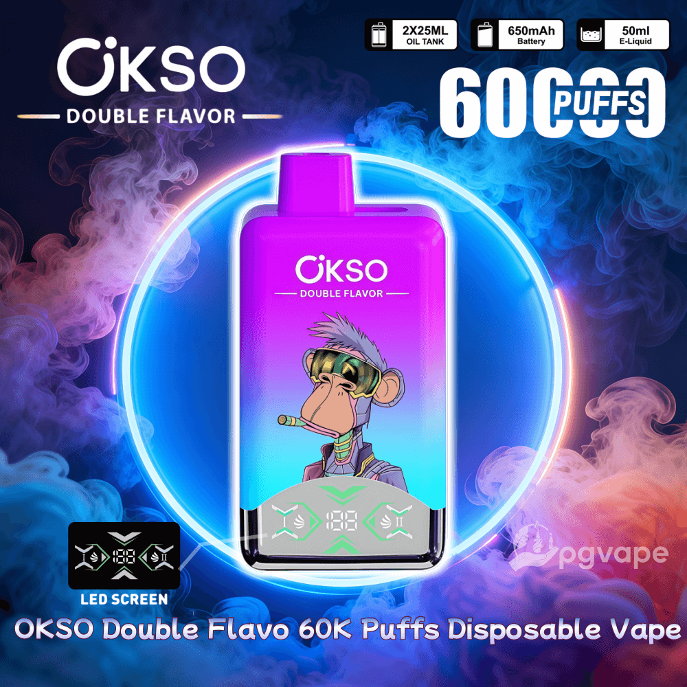 Dispositivo vape descartável OKSO roxo a azul com um macaco cyberpunk de desenho animado fumando na frente, exibido dentro de um anel de néon brilhante em meio a vapor colorido e rotulado como 'Sabor Duplo' com uma tela de LED, texto grande '60.000 baforadas' e ícones para tanques de óleo de 2 × 25ml, bateria de 650mAh e e-líquido de 50ml.