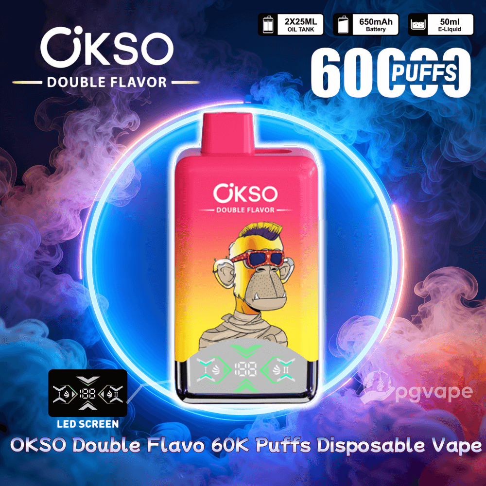 Anúncio colorido mostrando um vape descartável OKSO Double Flavor rosa a amarelo apresentando um macaco de desenho animado usando óculos escuros, colocado dentro de um anel de néon brilhante com fumaça azul e roxa e texto/ícones indicando baforadas de 60K, tanques de óleo de 2×25ml, uma bateria de 650mAh, e-líquido de 50ml e uma tela de LED.