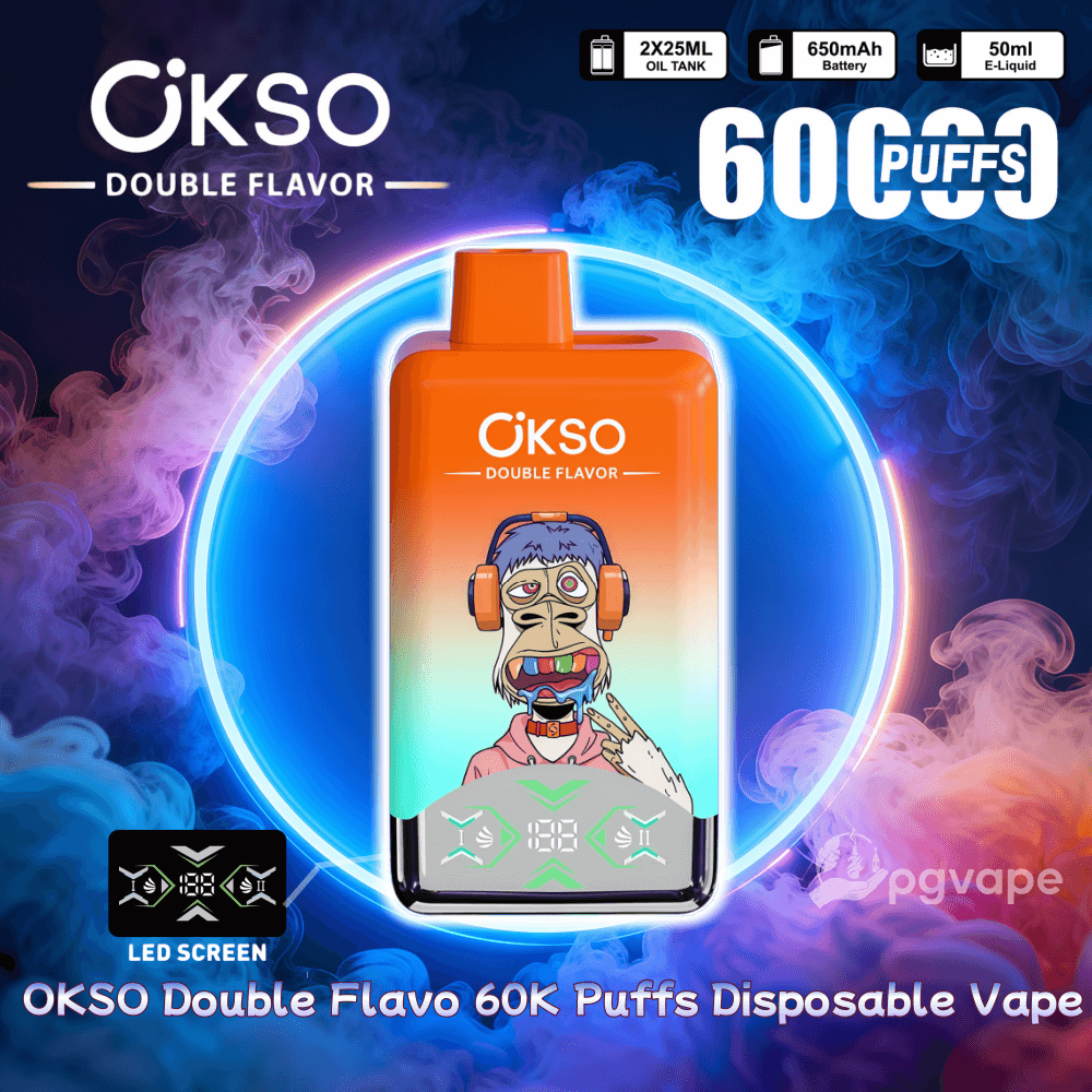 Vape descartável OKSO Double Flavor laranja brilhante com um personagem de desenho animado em seu corpo centralizado dentro de um anel de néon brilhante contra o vapor roxo e azul giratório, rotulado como 60K puffs e mostrando ícones para tanques de óleo de 2x25ml, bateria de 650mAh e e-líquido de 50ml com uma pequena tela de LED e logotipos de marca.