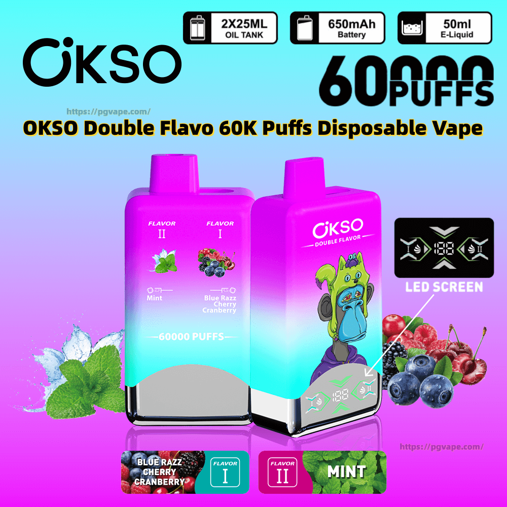 Dois vapes descartáveis OKSO Double Flavo gradiente roxo a verde-azulado com um macaco verde de desenho animado, marca grande “60.000 puffs”, painéis de sabores rotulados para Mint e Blue Razz/Cherry/Cranberry com folhas de hortelã e frutas vermelhas misturadas e pequenos ícones indicando tanques de óleo de 2 × 25ml, bateria de 650mAh, e-líquido de 50ml e uma tela de LED.
