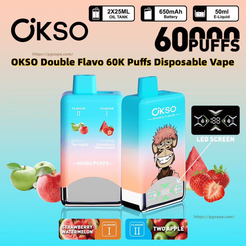 Imagem promocional de dois vapes descartáveis OKSO Double Flavo turquesa - um mostrando melancia de morango (sabor I) e o outro duas maçãs (sabor II) com um gráfico de macaco de desenho animado, ícone de tela de LED, ilustrações de frutas e texto em negrito anunciando 60.000 baforadas, além de ícones para tanques duplos de 25ml e uma bateria de 650mAh.