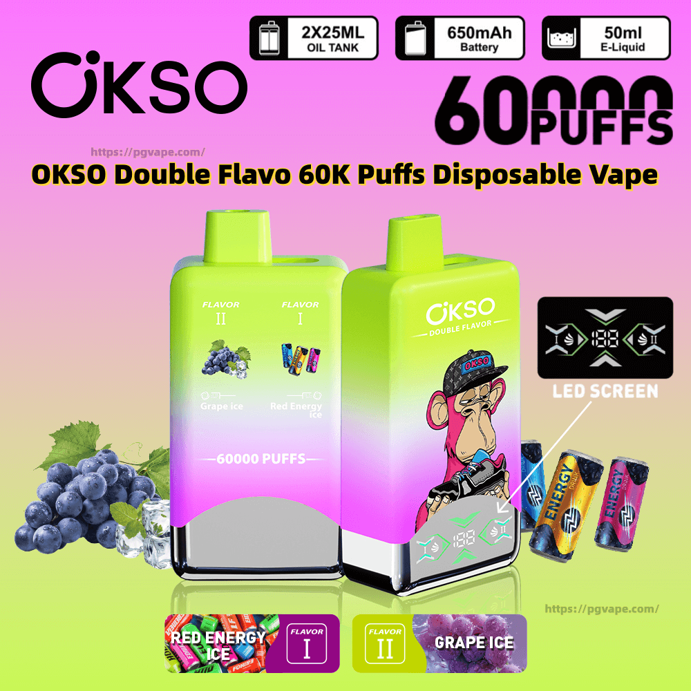 Dois vapes descartáveis OKSO Double Flavo com gradiente verde a rosa - um com um desenho de macaco e uma pequena tela de LED - rotulados com destaque como 60.000 baforadas e mostrando sabores de gelo de uva e gelo energético vermelho com ícones para tanques de óleo de 2x25ml, bateria de 650mAh e e-líquido de 50ml.