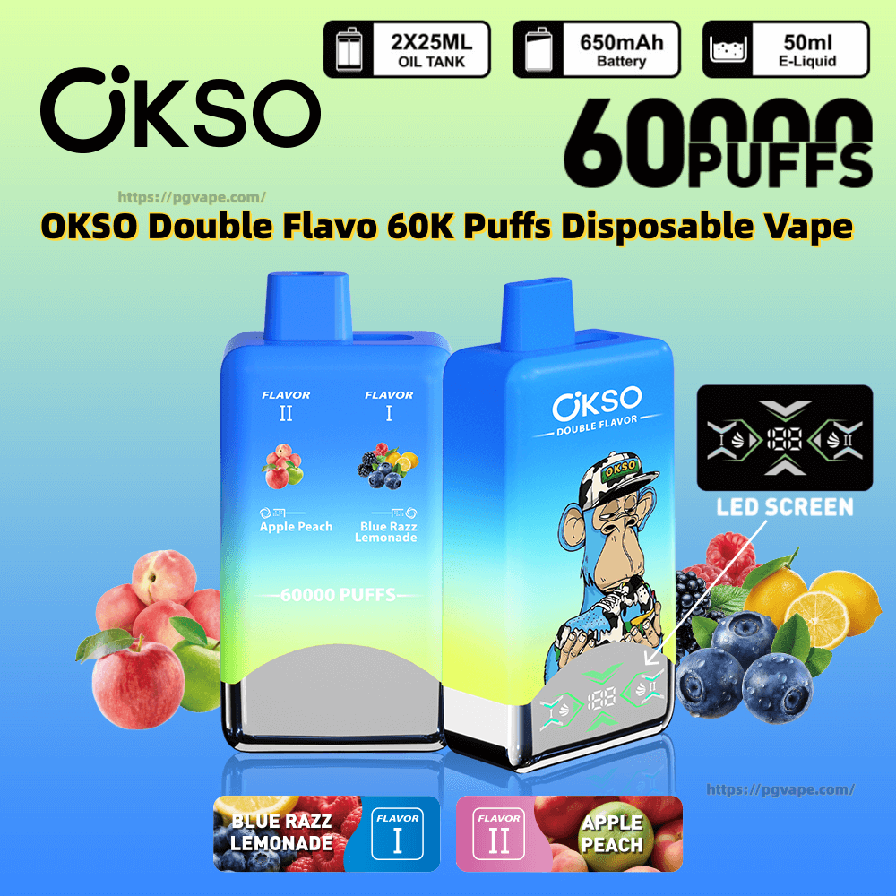 Anúncio mostrando dois dispositivos vape descartáveis OKSO Double Flavor em azul gradiente - um rotulado como Sabor I (Blue Razz Lemonade) e Sabor II (Apple Peach) com imagens de frutas correspondentes, um gráfico de macaco de desenho animado em um dispositivo, uma tela LED de contagem de baforadas e texto em negrito afirmando 60.000 baforadas, além de ícones para tanques de óleo de 2 × 25ml, bateria de 650mAh e e-líquido de 50ml.