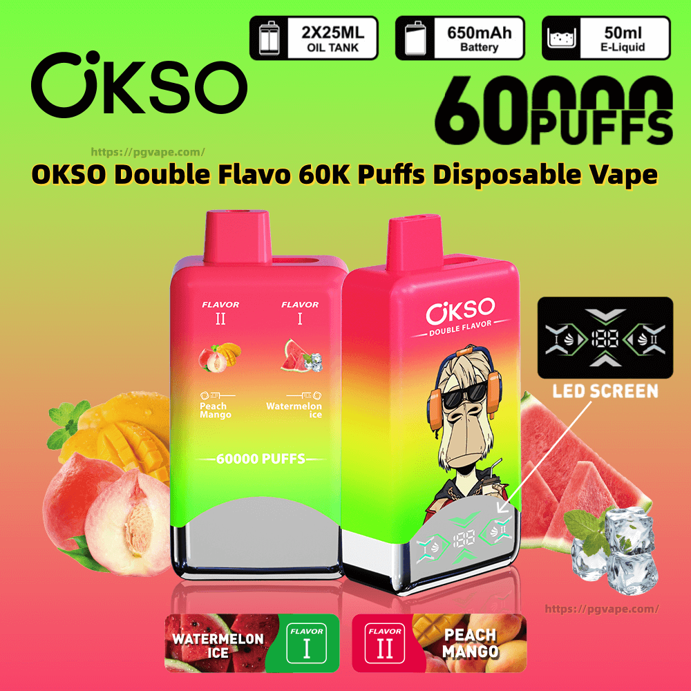 Dois dispositivos vape descartáveis OKSO Double Flavo 60K gradiente rosa a verde - um mostrando uma tela de LED e um macaco de desenho animado com fones de ouvido - cercados por frutas e gelo de pêssego, manga e melancia, com rótulos indicando sabores de manga de pêssego e gelo de melancia e emblemas para 60.000 baforadas, tanques de óleo de 2 × 25ml, bateria de 650mAh e e-líquido de 50ml.