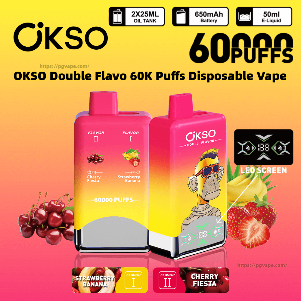 Imagem promocional gradiente rosa a amarelo brilhante mostrando dois vaporizadores descartáveis OKSO Double Flavo - um com um macaco de desenho animado e tela de LED e o outro rotulado como Strawberry Banana e Cherry Fiesta - acompanhados de ícones para 60.000 baforadas, tanques de óleo de 2 × 25ml, bateria de 650mAh e e-líquido de 50ml, com cerejas e morangos ao redor.