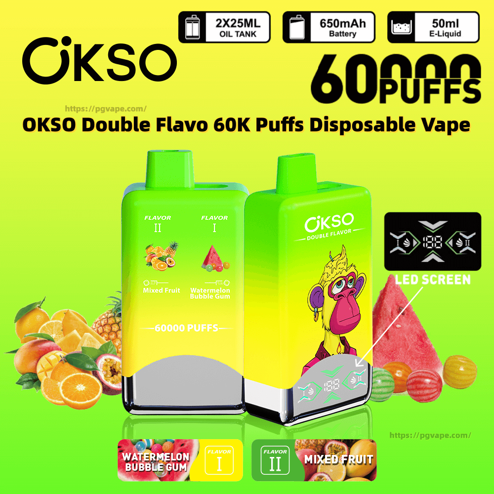 Anúncio verde-amarelo brilhante mostrando dois vapes descartáveis OKSO Double Flavo - um com um macaco de desenho animado e tela de LED - cercados por frutas e rotulados com 60.000 baforadas, destacando sabores de chiclete de melancia e frutas mistas e ícones para tanques de óleo de 2 × 25 ml, uma bateria de 650 mAh e e-líquido de 50 ml.