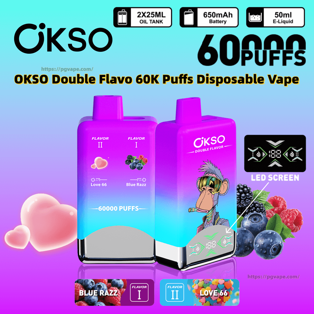 Anúncio gradiente roxo a verde-azulado mostrando dois vaporizadores descartáveis OKSO Double Flavo com tela de LED, rotulados como 60.000 baforadas e sabores duplos Blue Razz e Love 66, cercados por gráficos de frutas e corações e ícones para tanques de óleo de 2x25ml, bateria de 650mAh e e-líquido de 50ml.