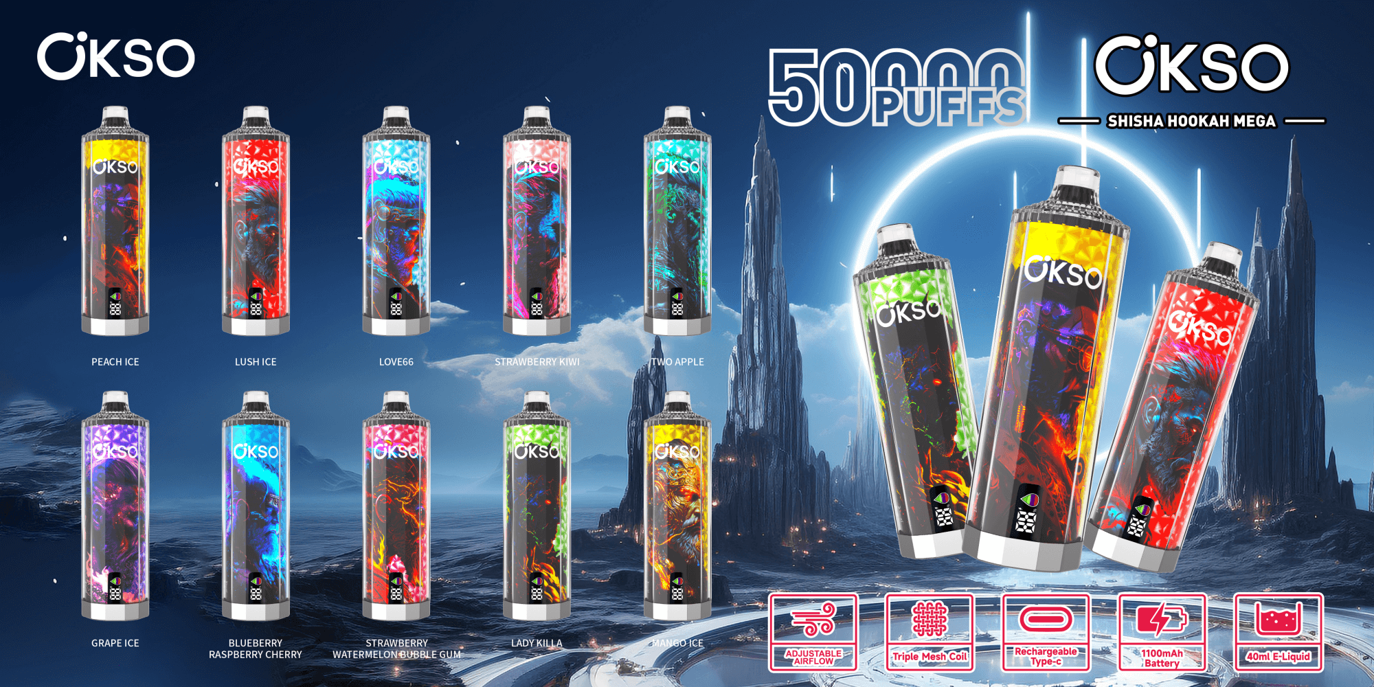 Promotional banner for OKSO Shisha Hookah Mega featuring a lineup of colorful disposable vape devices with flavor labels and three oversized angled units in the foreground, set against a futuristic mountainous sky with OKSO logos, prominent puff-count text and icons indicating adjustable airflow, triple mesh coil, USB‑C recharge, 1100mAh battery and 40ml e‑liquid.