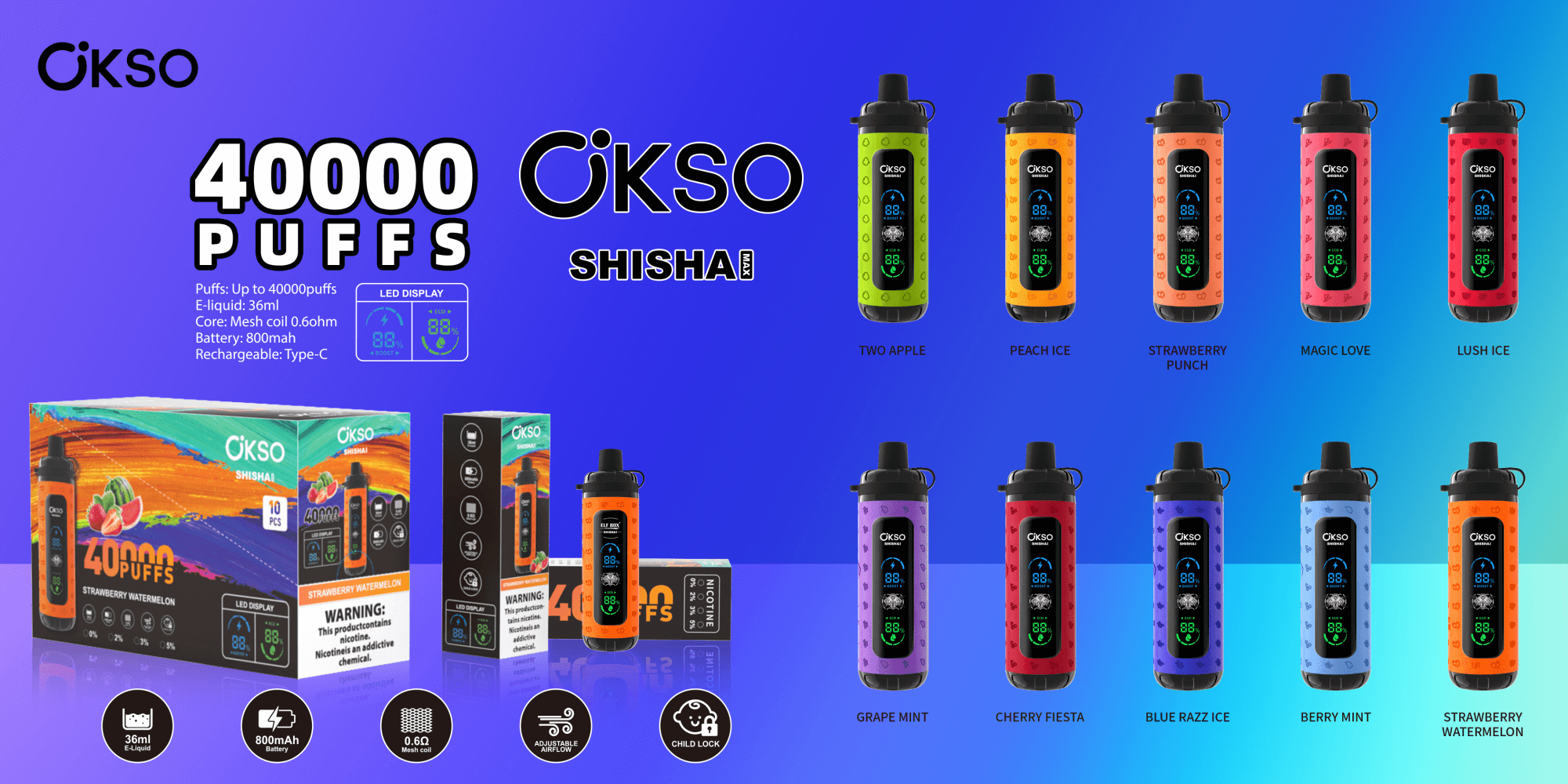 Promotional banner for OKSO Shisha disposable vape showing large “40000 PUFFS” text, colorful LED-display cylindrical devices in two rows with flavor names, product boxes, and key specs listed (36ml e-liquid, 800mAh battery, 0.6Ω mesh coil, Type‑C rechargeable).