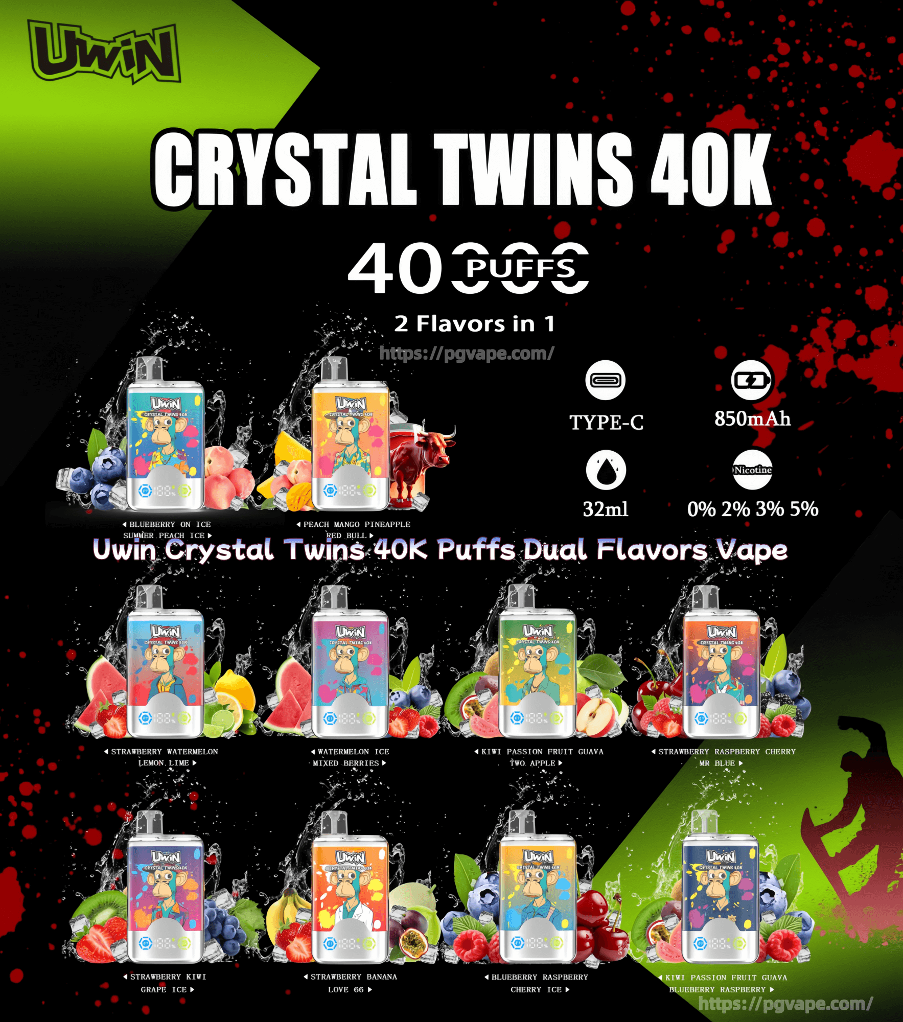 Poster advertising Uwin Crystal Twins 40K disposable dual‑flavor vapes showing bold CRYSTAL TWINS 40K and 40,000 PUFFS text, a grid of colorful device images with fruit illustrations, icons noting Type‑C charging, 850mAh battery, 32ml capacity and nicotine options (0%, 2%, 3%, 5%) on a black background with red splatter and green accent, plus the pgvape.com URL.
