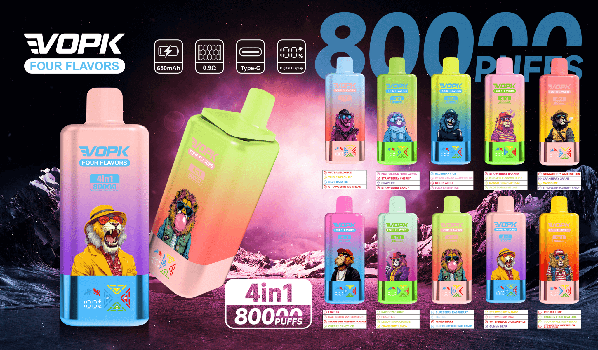 Colorful promotional poster for VOPK Four Flavors disposable vape devices featuring two large gradient-finish units in the foreground and rows of smaller multicolored units decorated with stylized animal illustrations, flavor labels and icons for 650mAh, 0.9Ω, Type‑C charging and digital display, set against a purple‑pink cosmic mountain background with a prominent "4in1 80000 puffs" callout and brand logo.